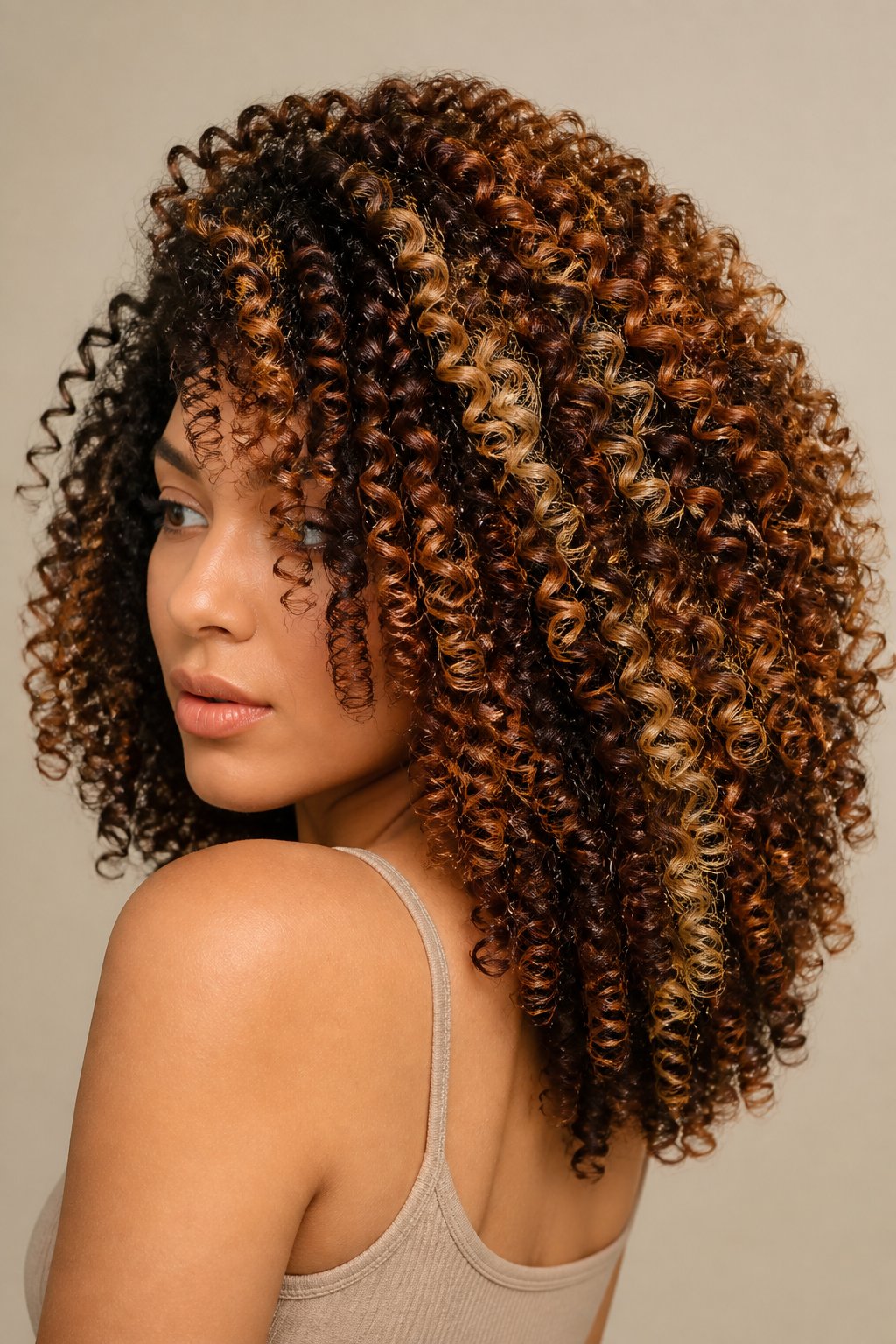 Voluminous tight curls with dark brown, copper, caramel, and cream calico highlights.