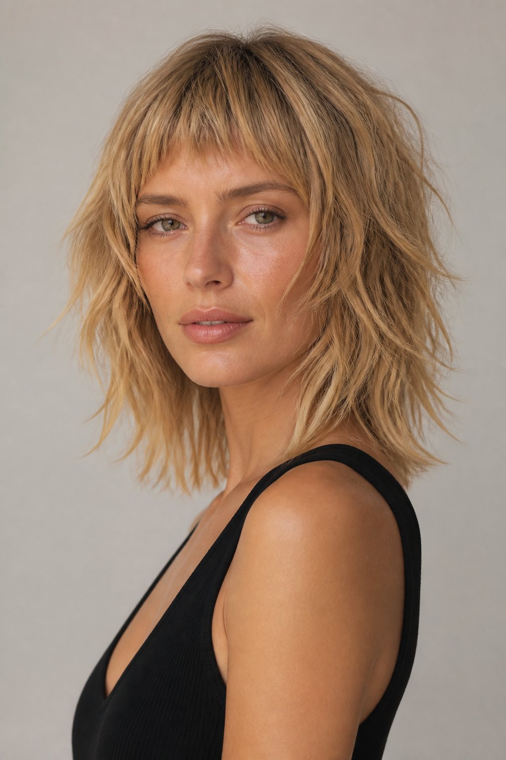 Warm blonde shoulder-length shag with tousled layers and short micro bangs.