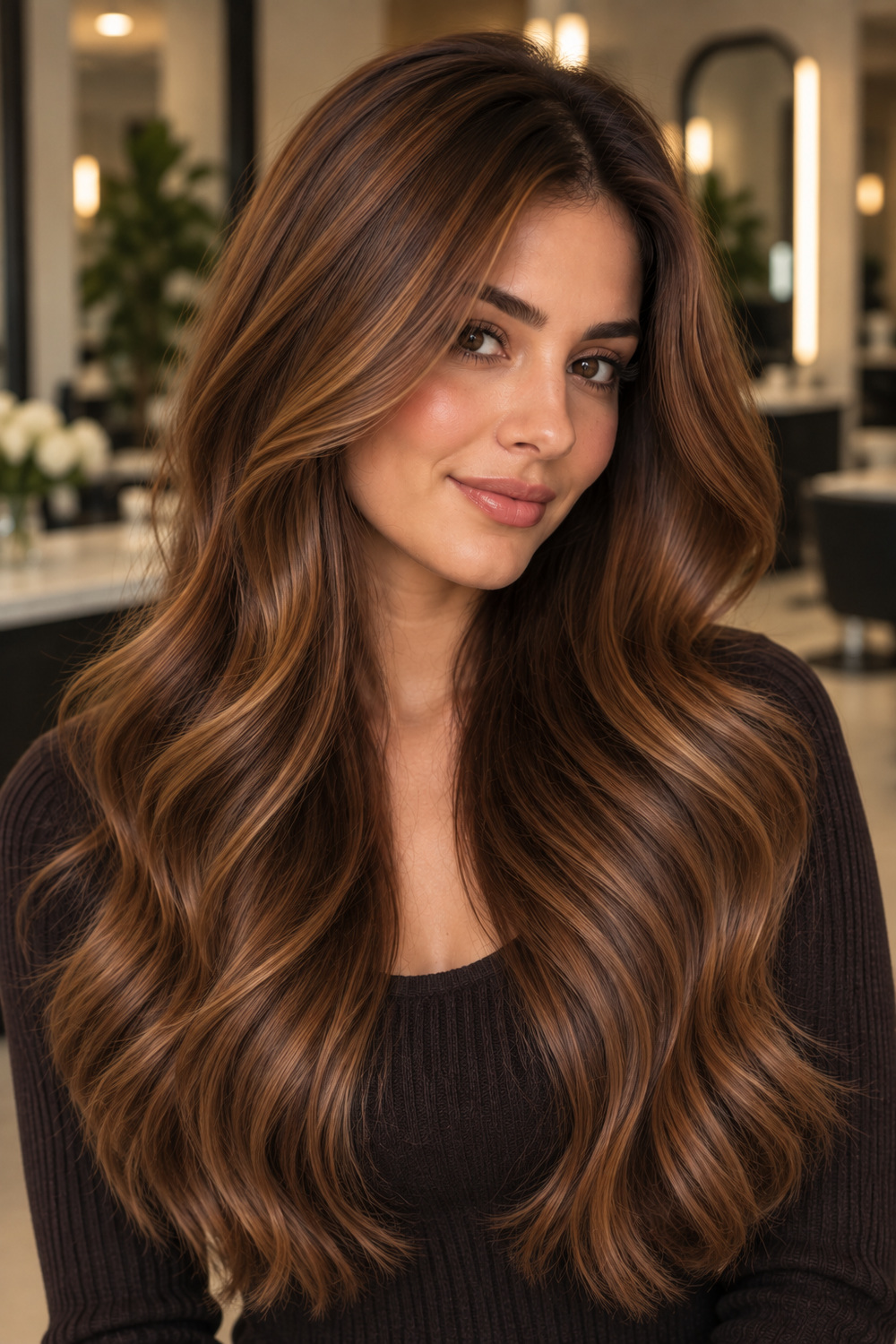 Warm Caramel Highlights on Medium Brown Hair - caramel brunette hair color example