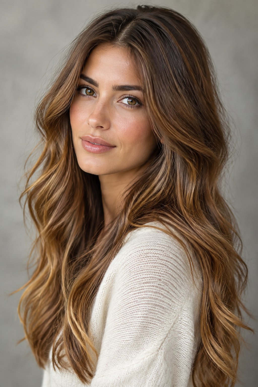 Warm chestnut brown long wavy hair with golden and amber dimension.
