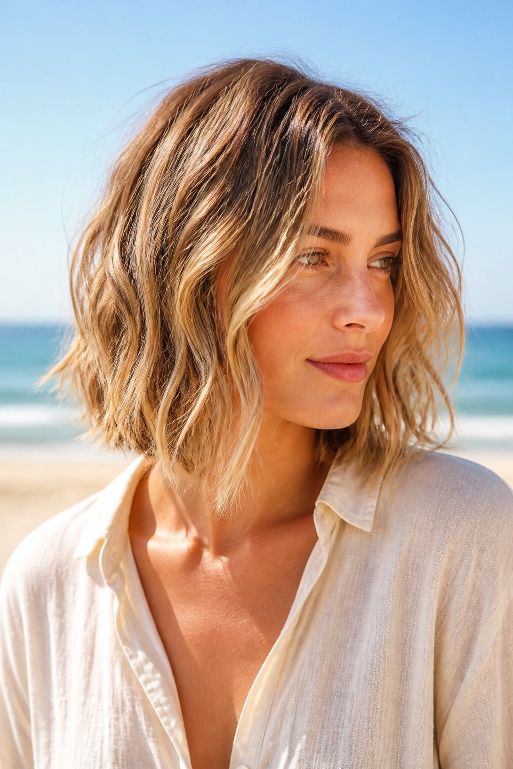 Wavy beach collarbone lob with loose, tousled waves and softly angled ends.