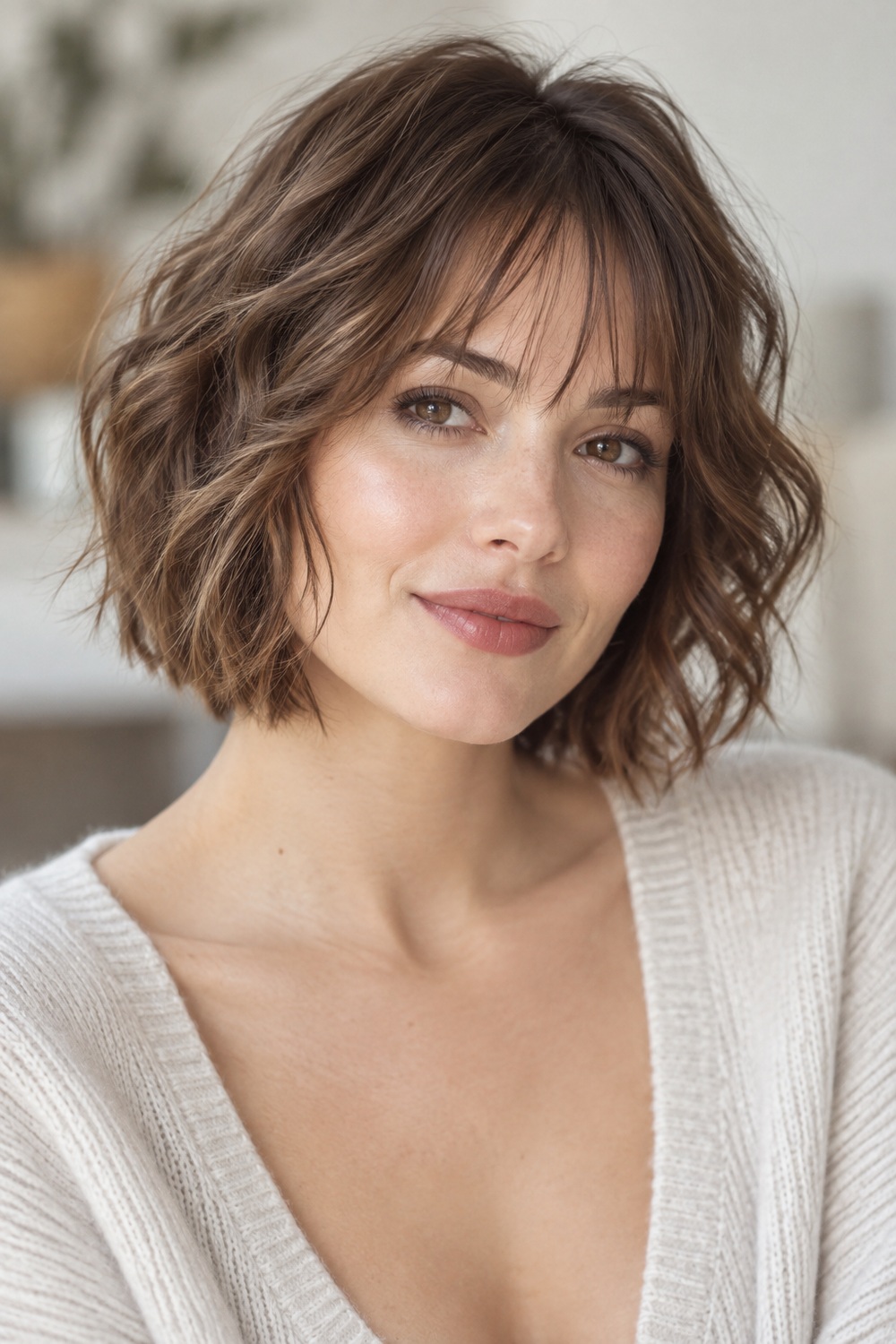 Wavy Bob With Wispy Bangs: AI-generated portrait showing the hairstyle described in this section.