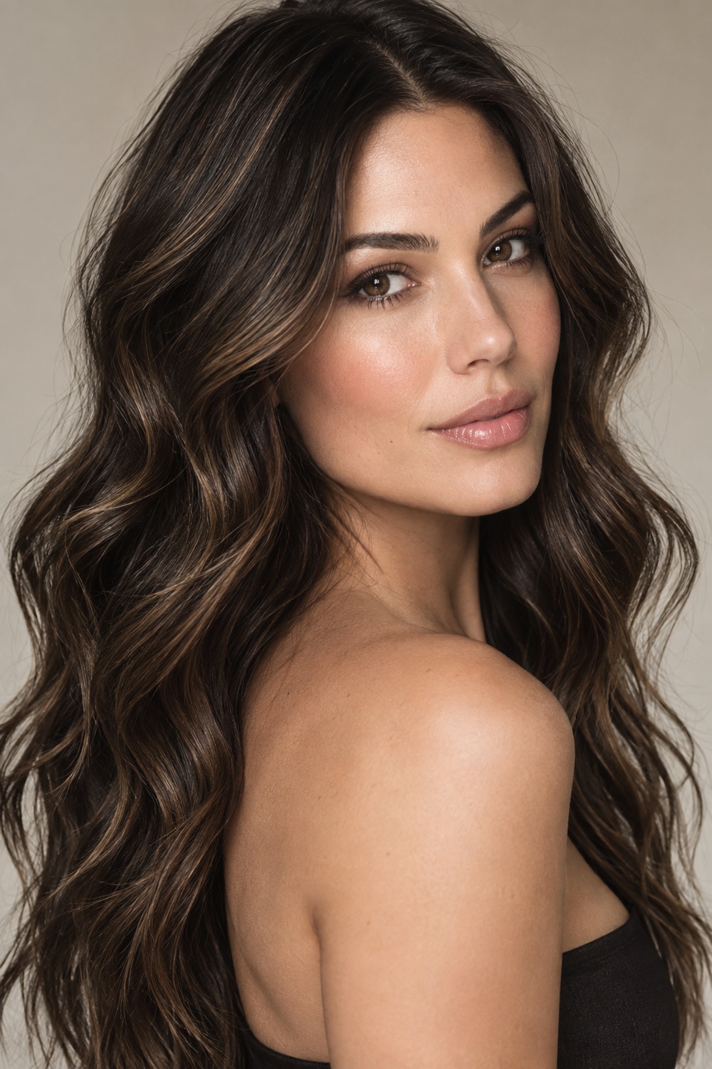 Wavy espresso brunette hair with soft ribbons of lighter brown throughout.