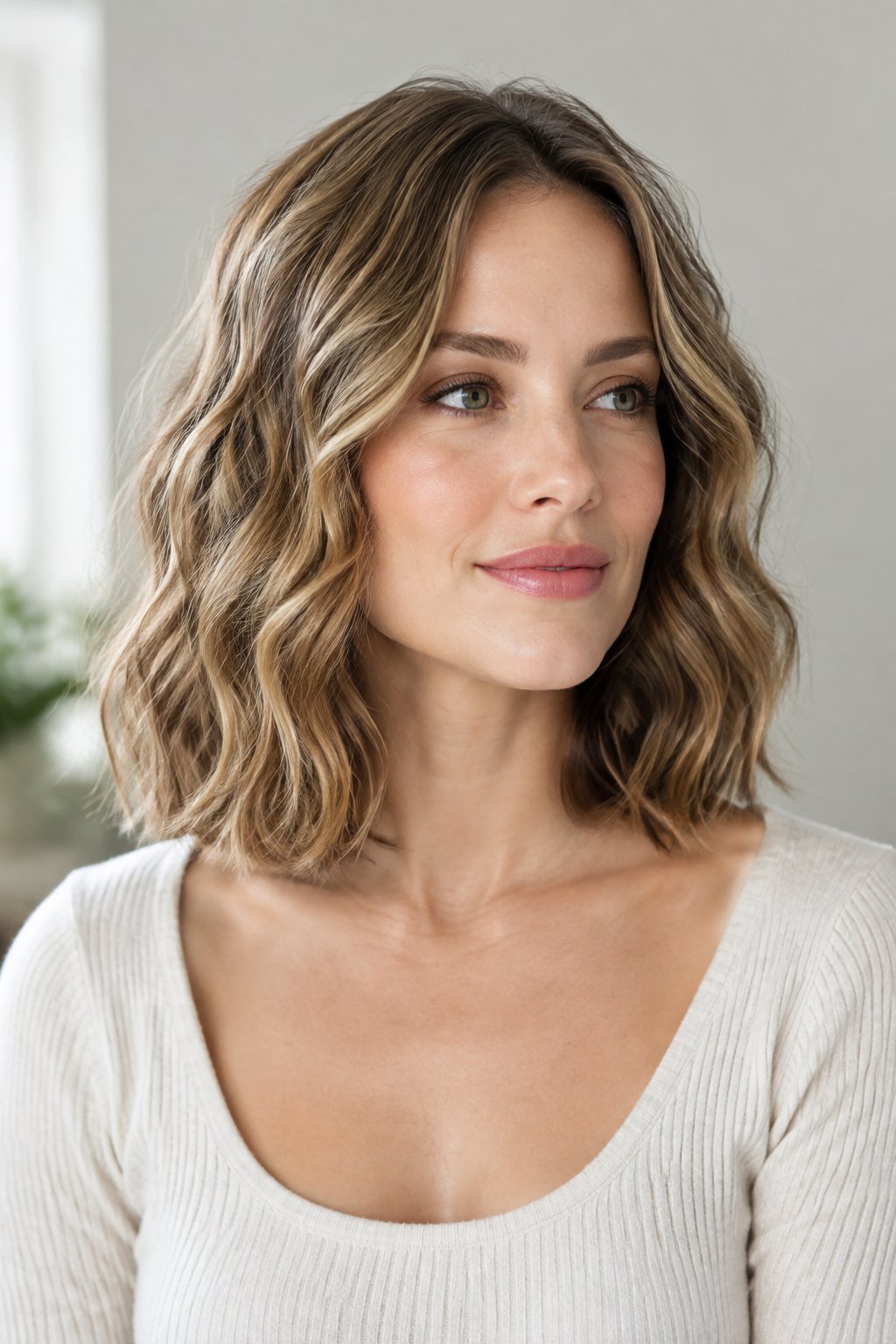 Wavy lob with minimal layers, natural movement, and full-looking ends.