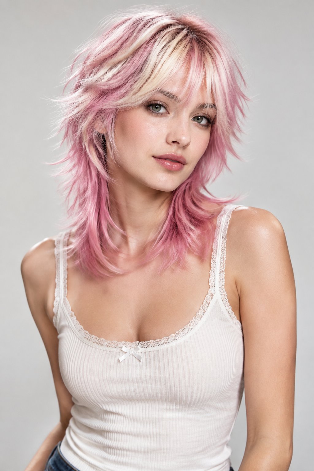 White-blonde highlights create a fresh, candy-inspired contrast against a pastel pink wolf cut.