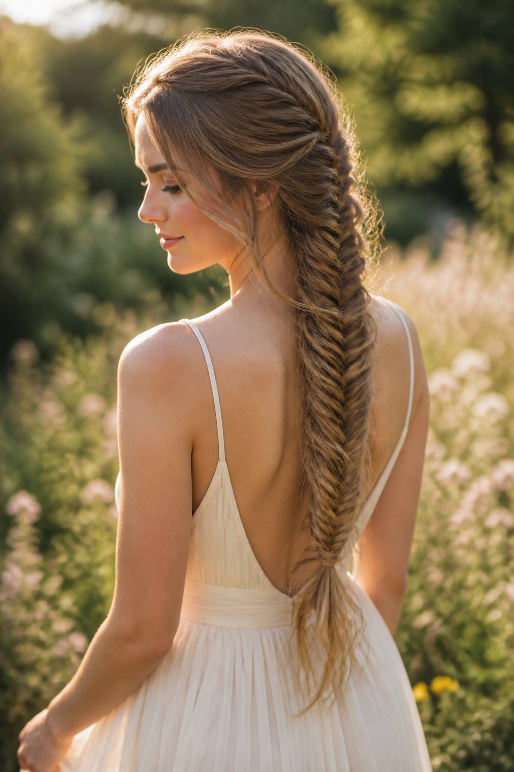 Woman shown from behind wearing a long textured fishtail braid outdoors.