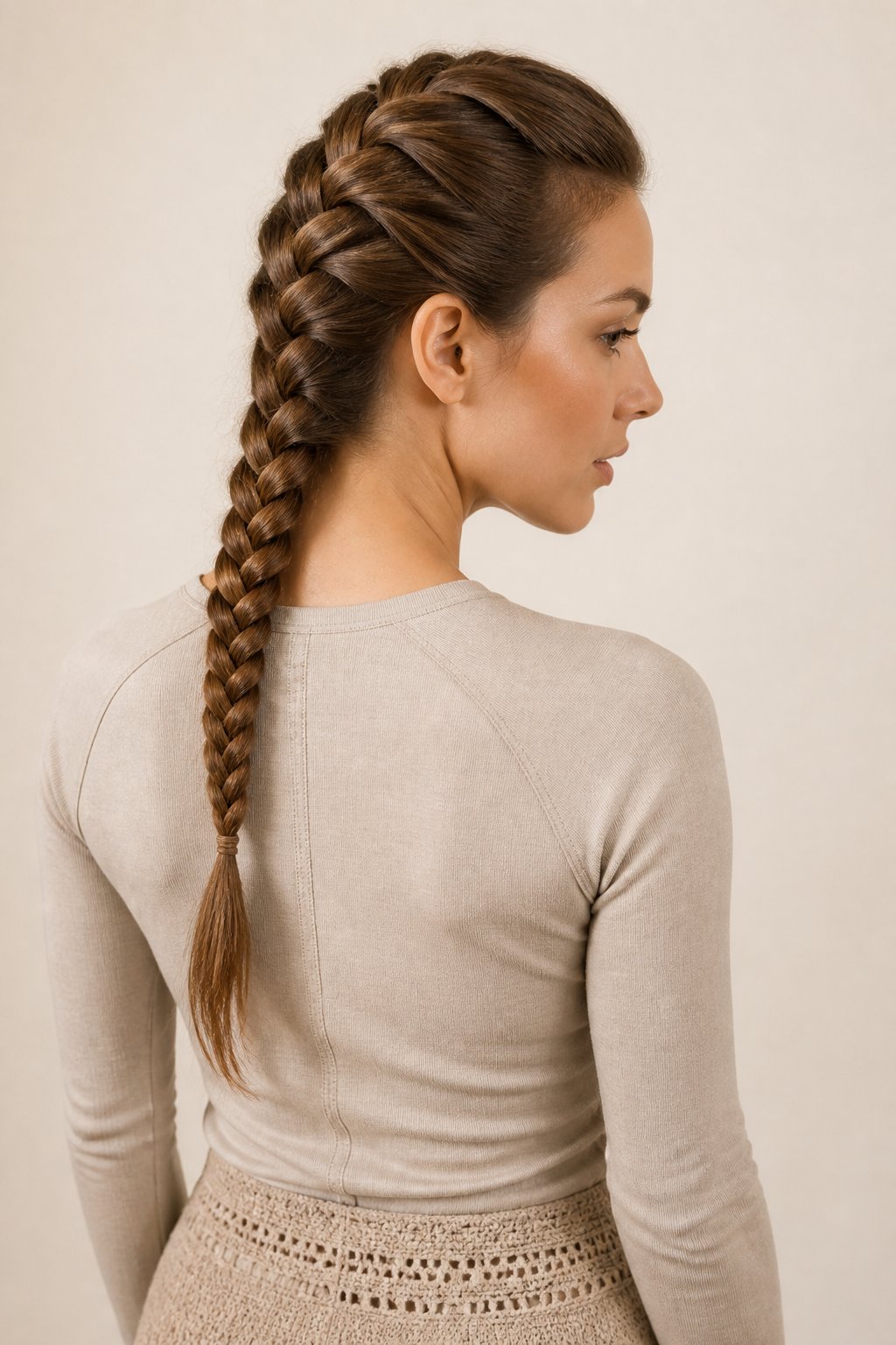 Woman shown from behind wearing a neat classic French braid.