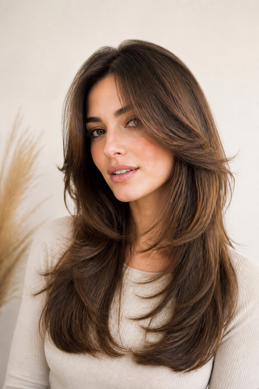 Woman wearing a butterfly cut with dramatic face-framing layers and volume.