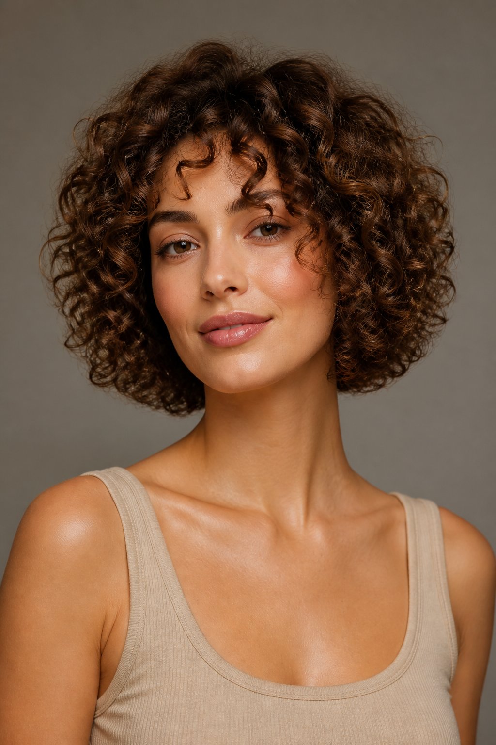 Woman wearing a chin-length voluminous curly bob with defined brown ringlets.