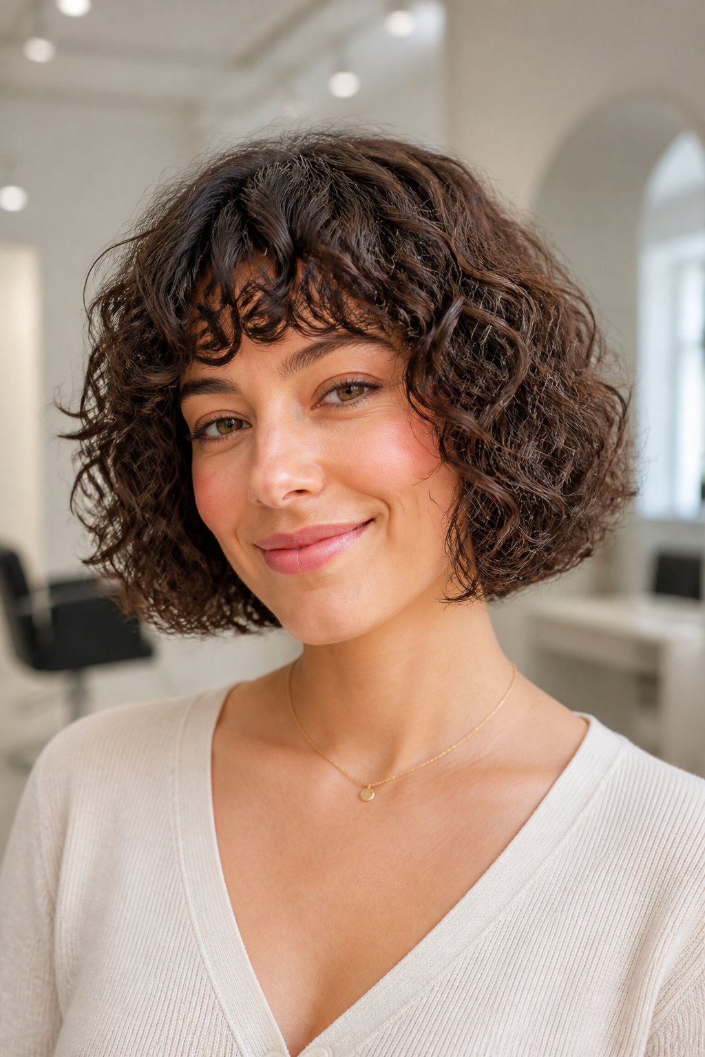 Woman wearing a classic curly fringe bob with soft, separated bangs.