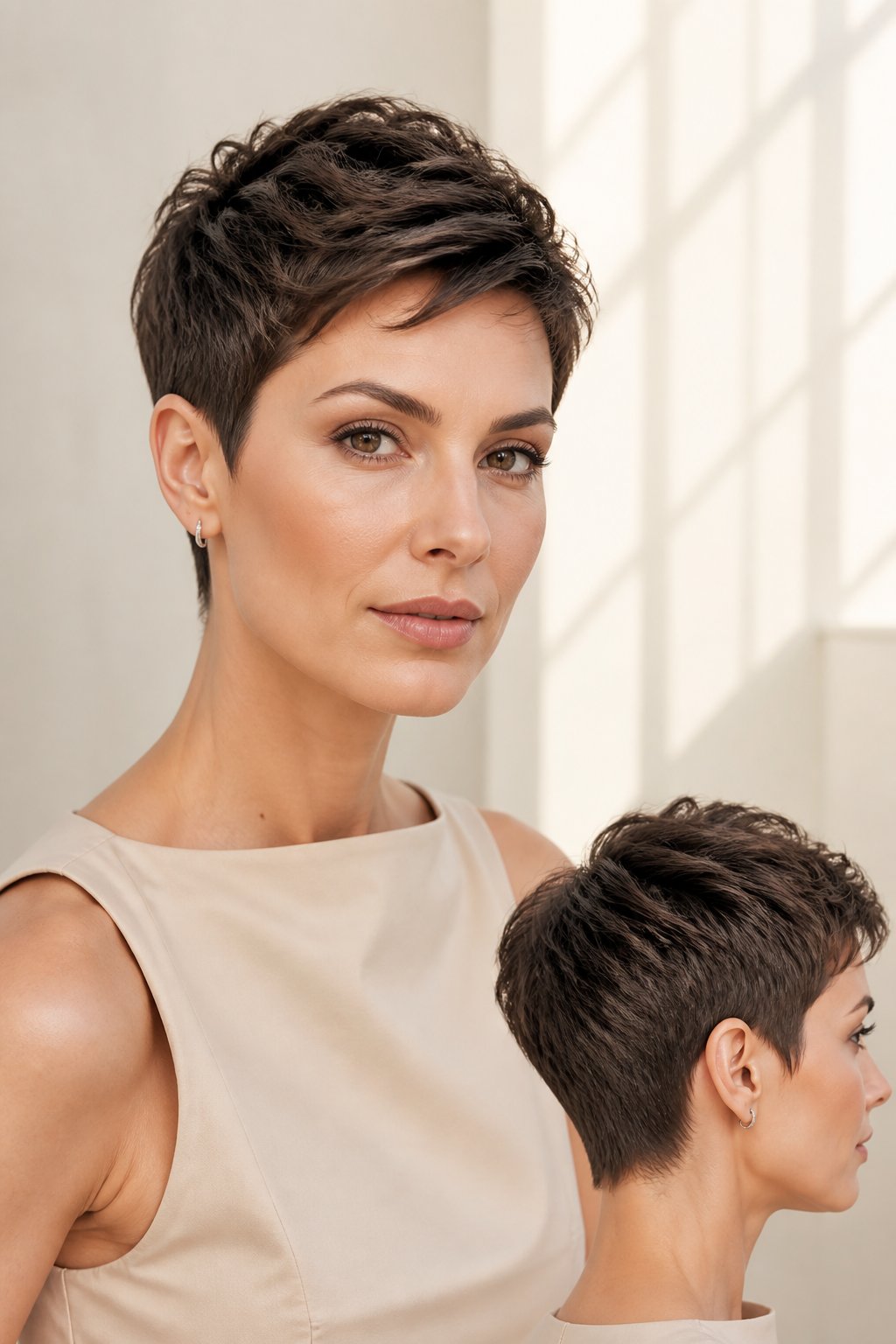 Woman wearing a classic short pixie cut with softly textured layers.