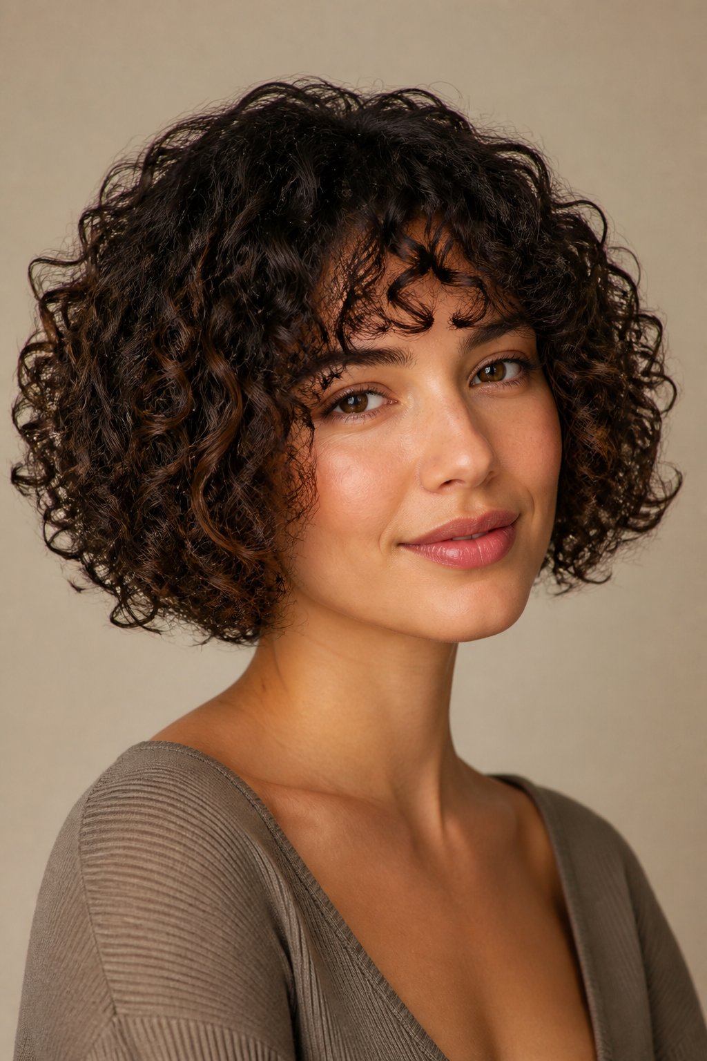 Woman wearing a curly bob with full bangs and glossy defined curls.