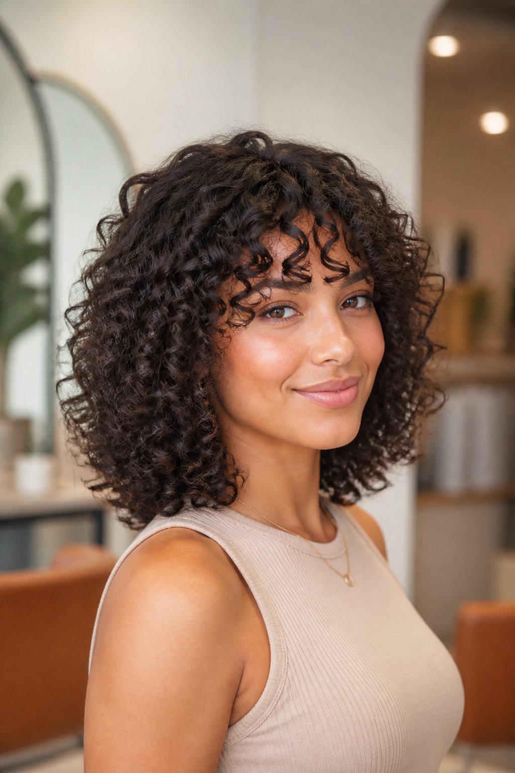 Woman wearing a curly bob with playful, textured curly bangs.