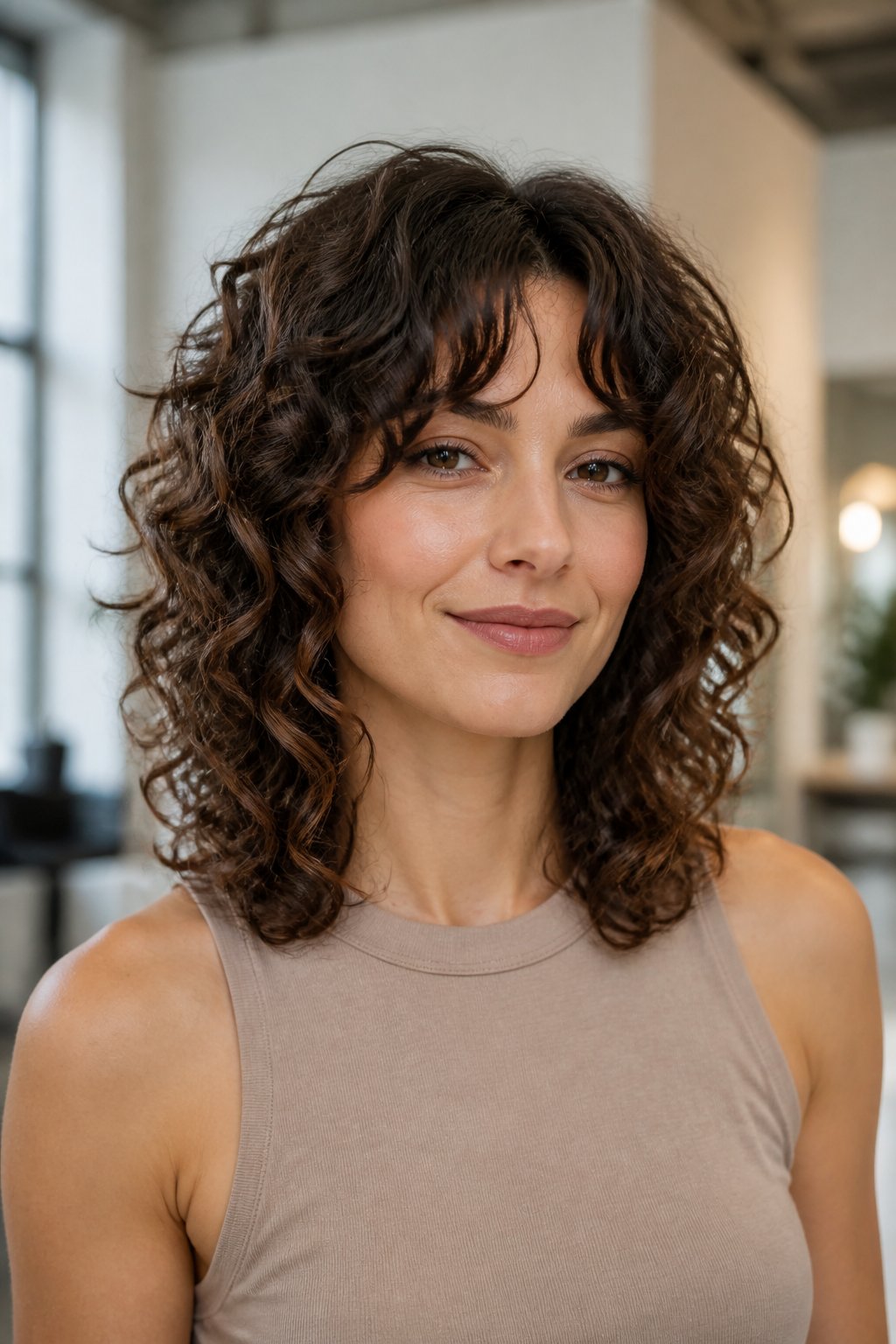 Woman wearing a curly shag with choppy layers, volume, and textured bangs.
