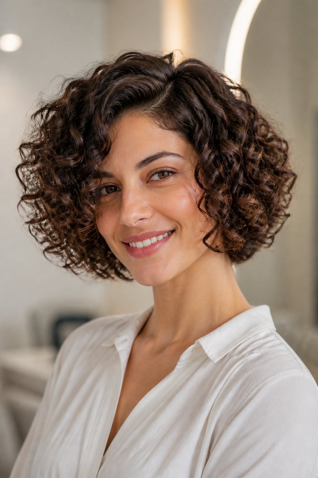 Woman wearing a cute chin-length curly bob with bouncy defined curls.
