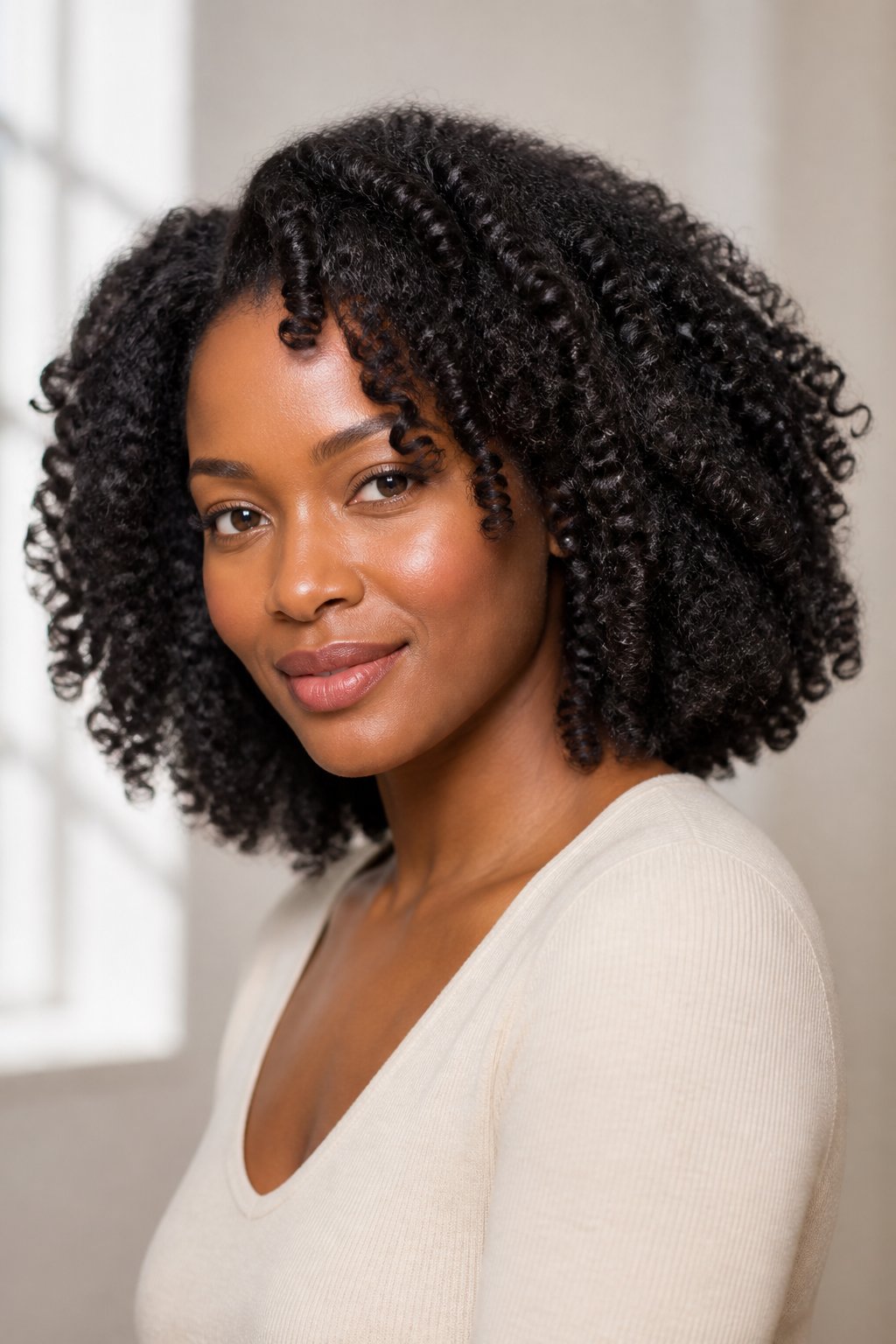 Woman wearing a defined natural curly twist-out with rounded volume.