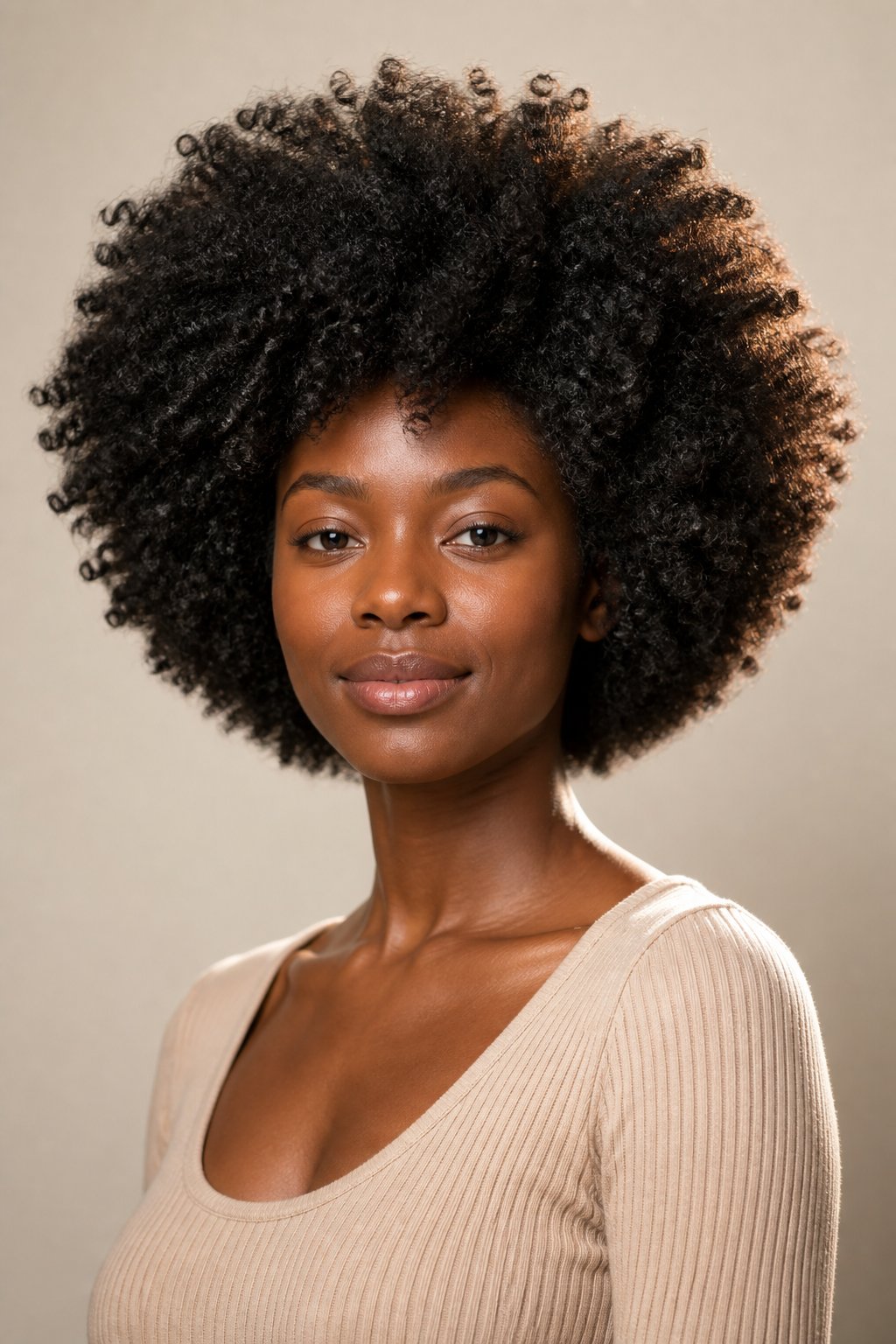 Woman wearing a full natural curly afro with rounded volume and texture.