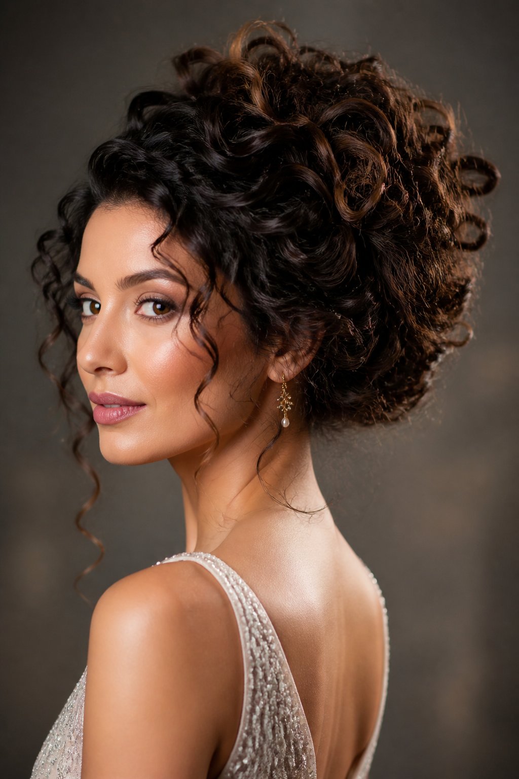 Woman wearing a glamorous voluminous curly updo with loose spiral tendrils.
