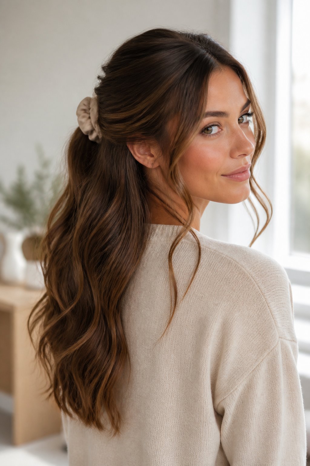Woman wearing a half-up half-down hairstyle with loose long waves.