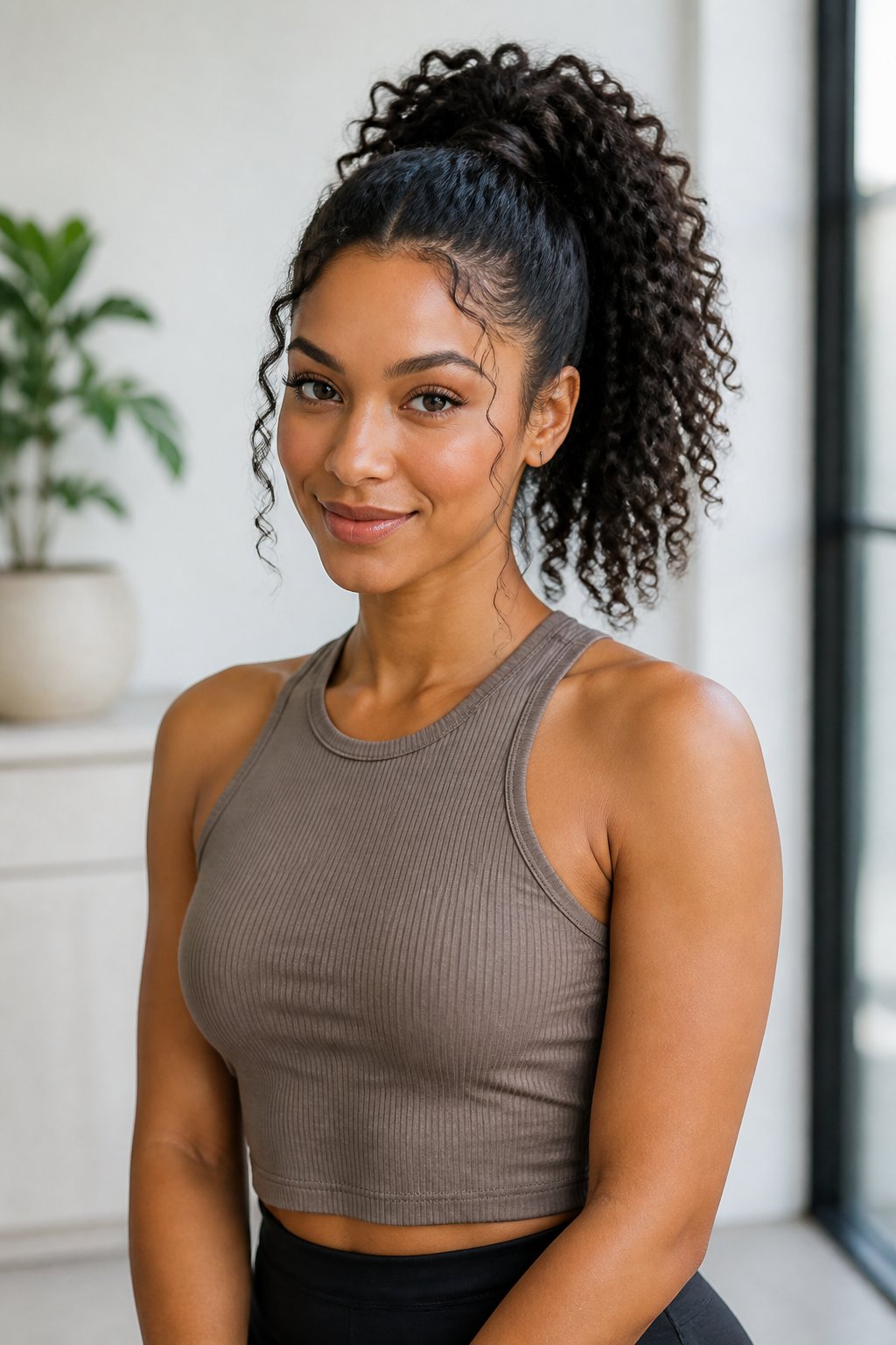 Woman wearing a high curly ponytail with defined curls and a sleek hairline.