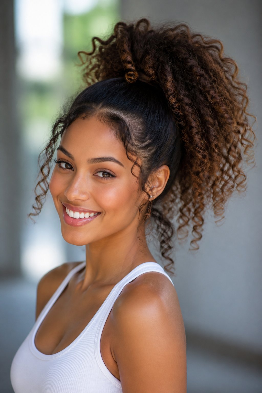 Woman wearing a high curly ponytail with volume and loose face-framing curls.