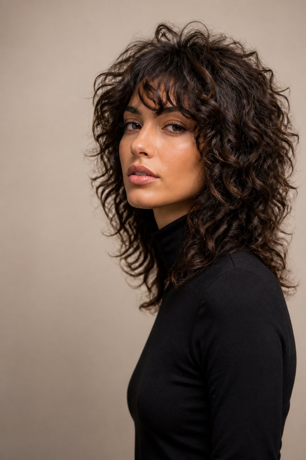 Woman wearing a layered curly wolf cut with volume, texture, and fringe.