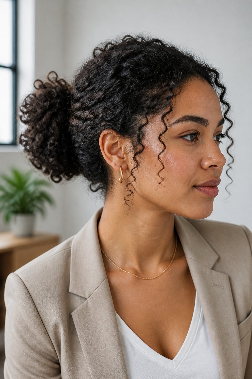Woman wearing a low curly bun with soft curls framing her face.