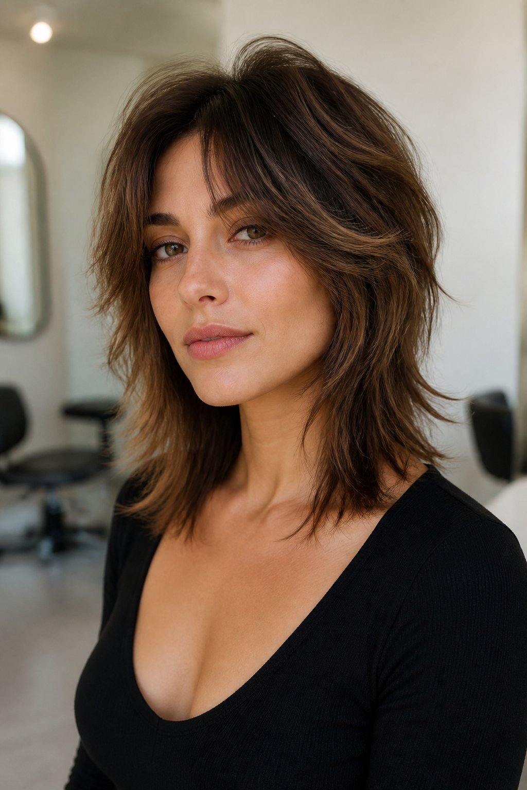 Woman wearing a medium-length wolf cut with shaggy layers and volume.