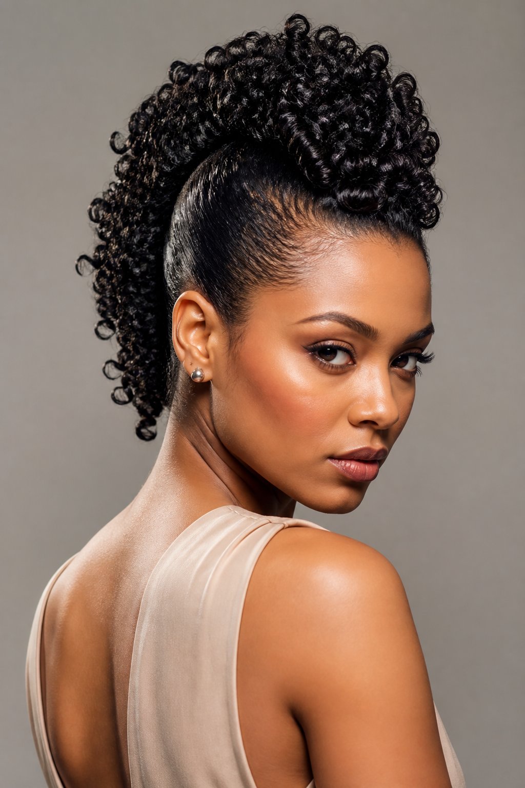 Woman wearing a polished curly mohawk with smooth sides and raised center curls.