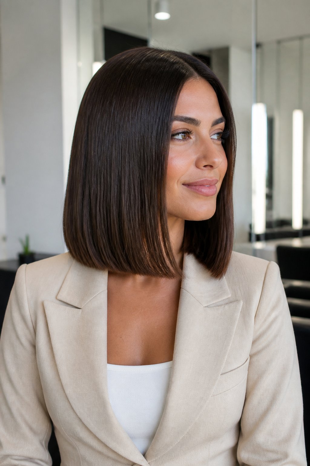 Woman wearing a polished shoulder-length blunt lob with straight ends.