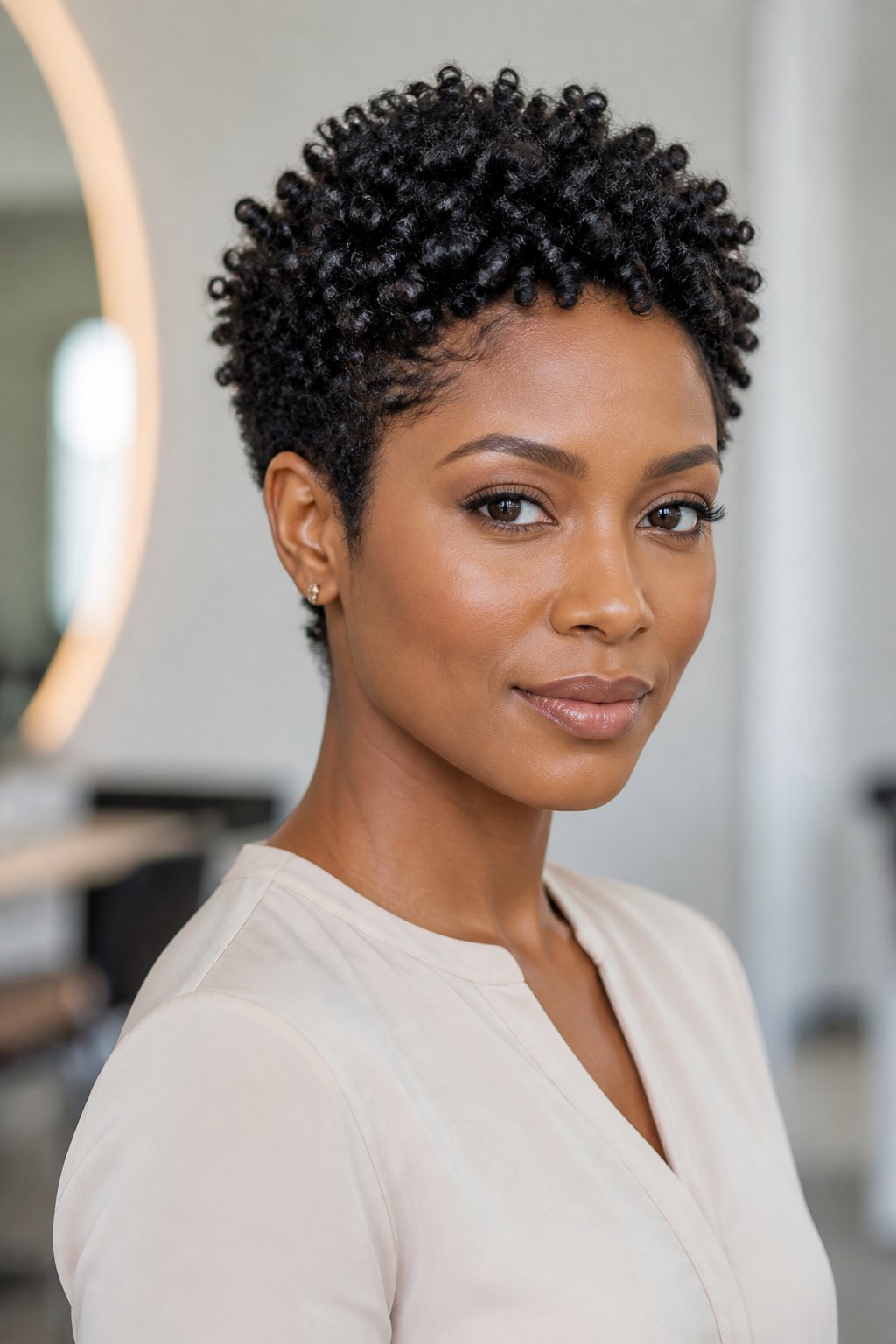 Woman wearing a short curly pixie cut with tightly defined natural curls.