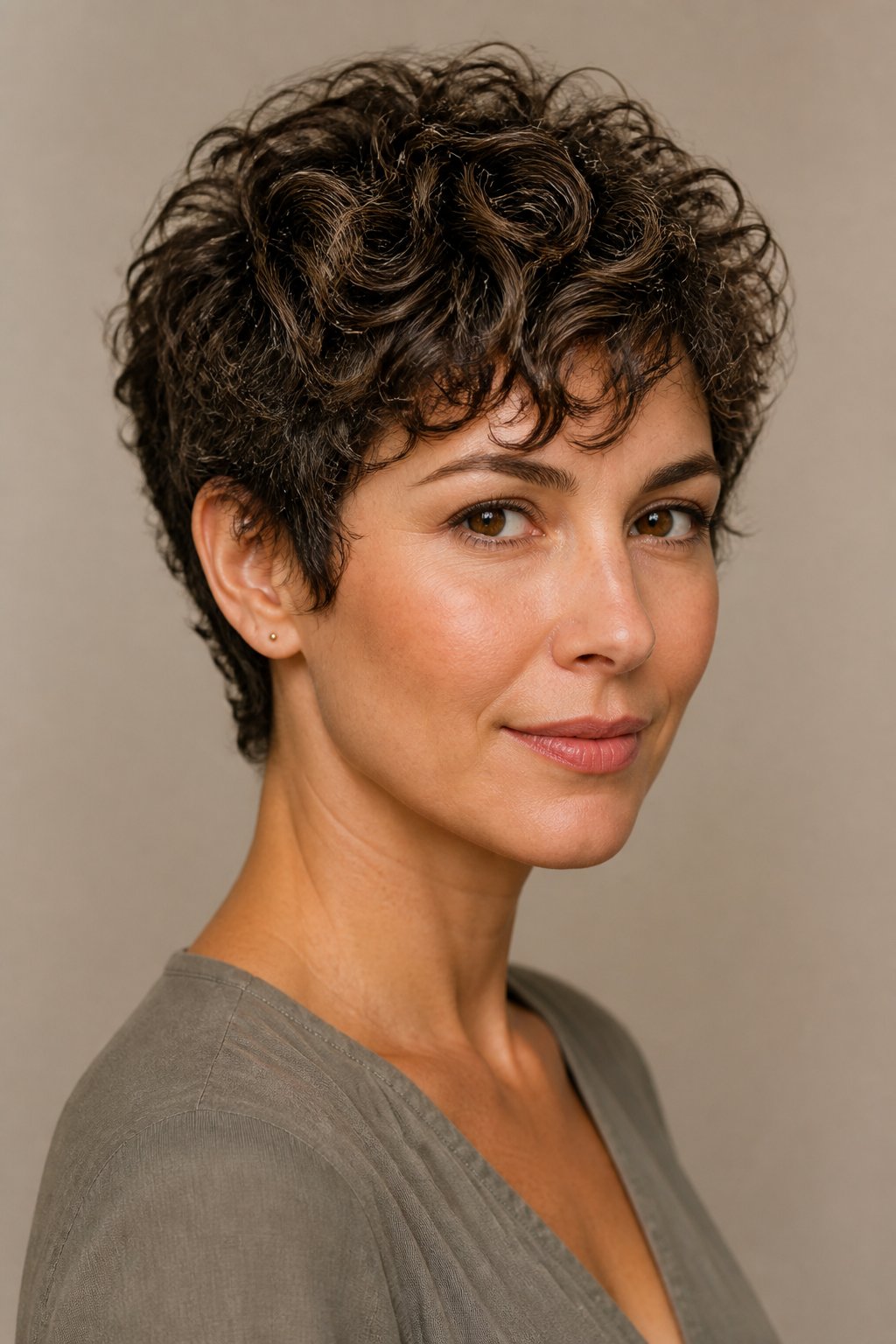 Woman wearing a short layered curly pixie with textured volume at the crown.