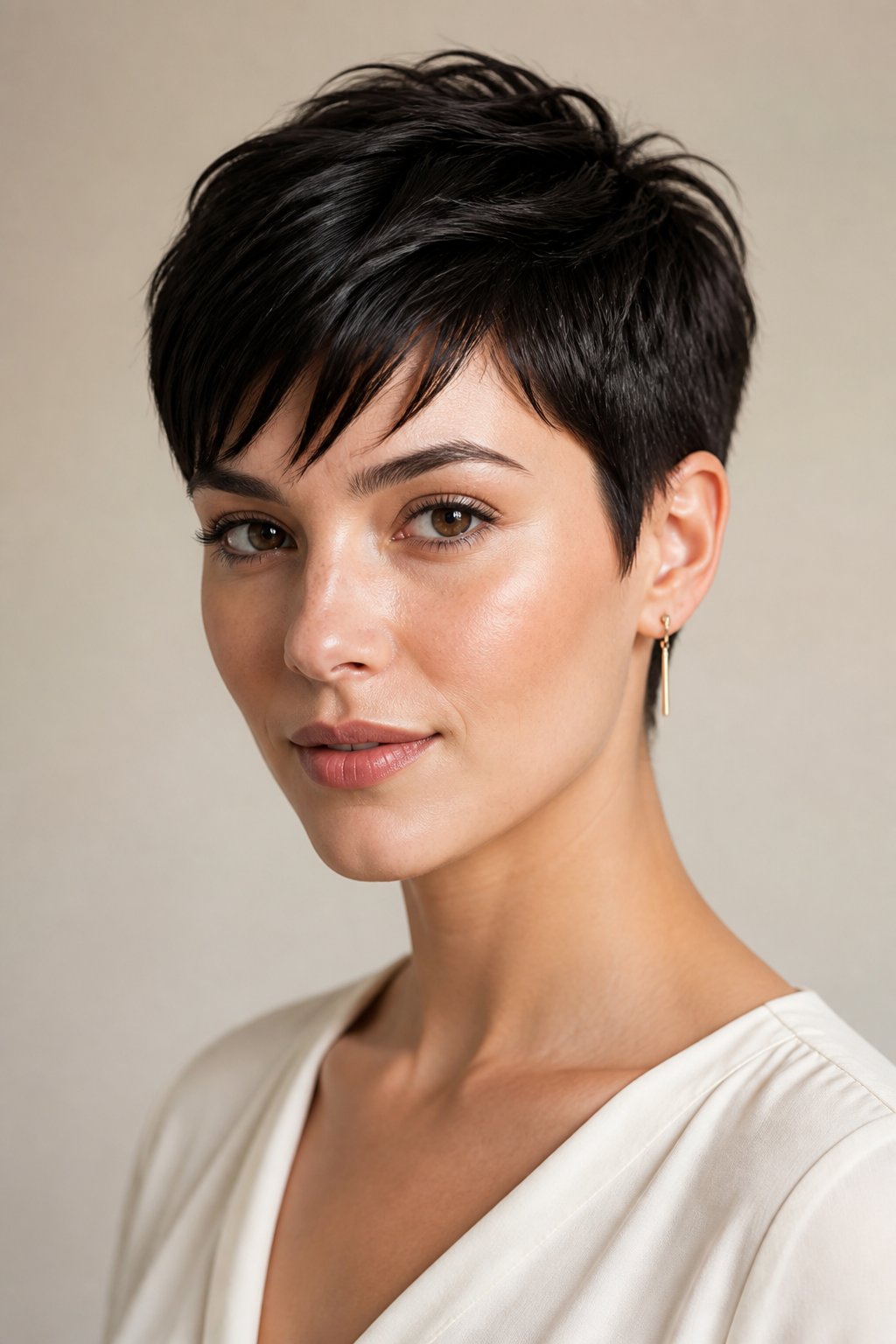 Woman wearing a short pixie cut with textured side-swept bangs.