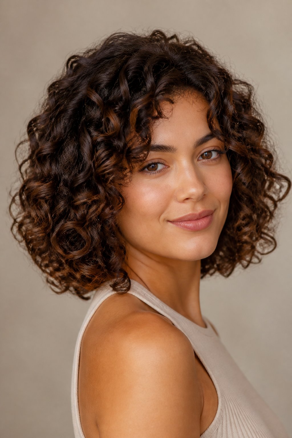 Woman wearing a shoulder-length curly lob with soft, glossy ringlets.