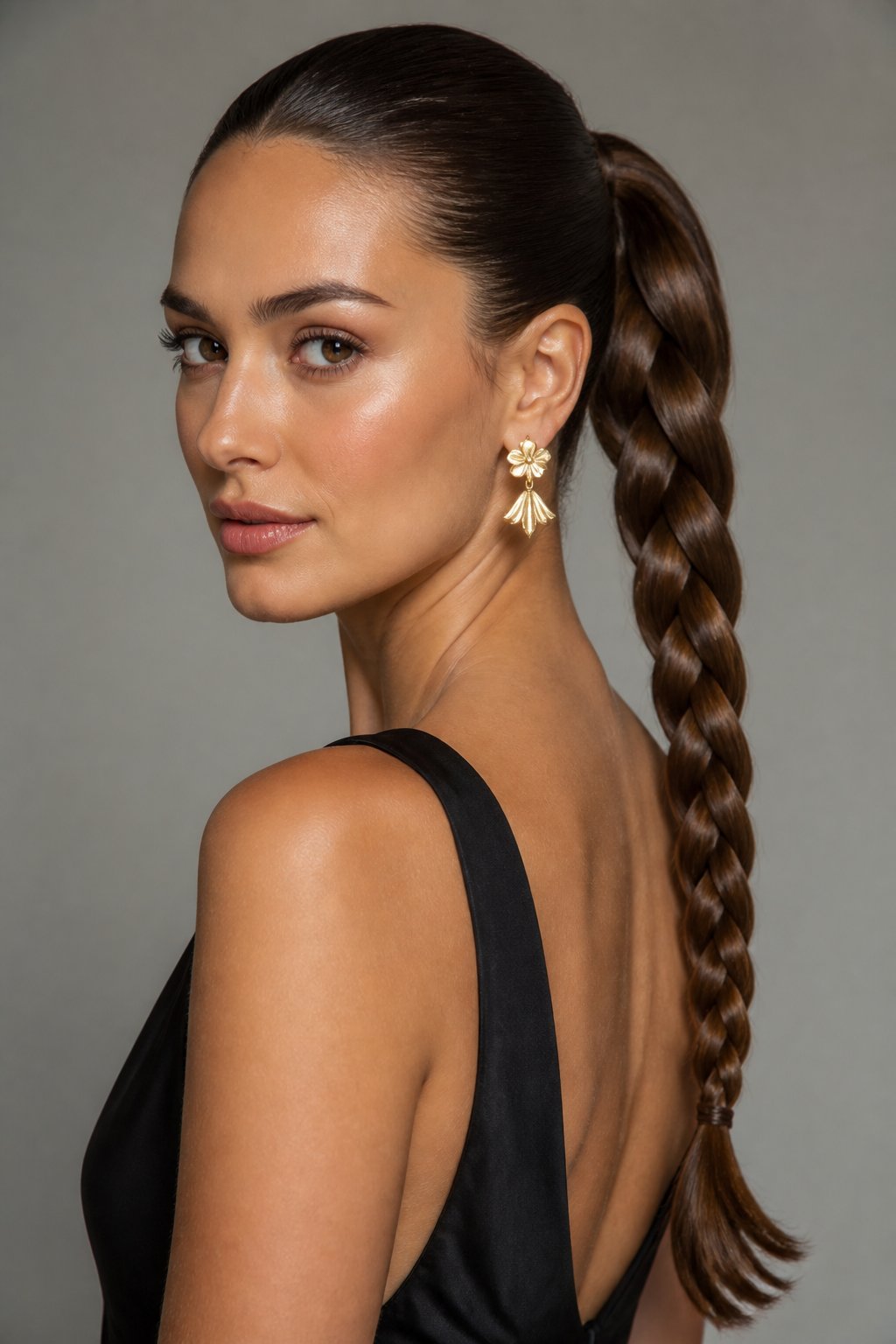 Woman wearing a sleek ponytail braided into one long, polished braid.