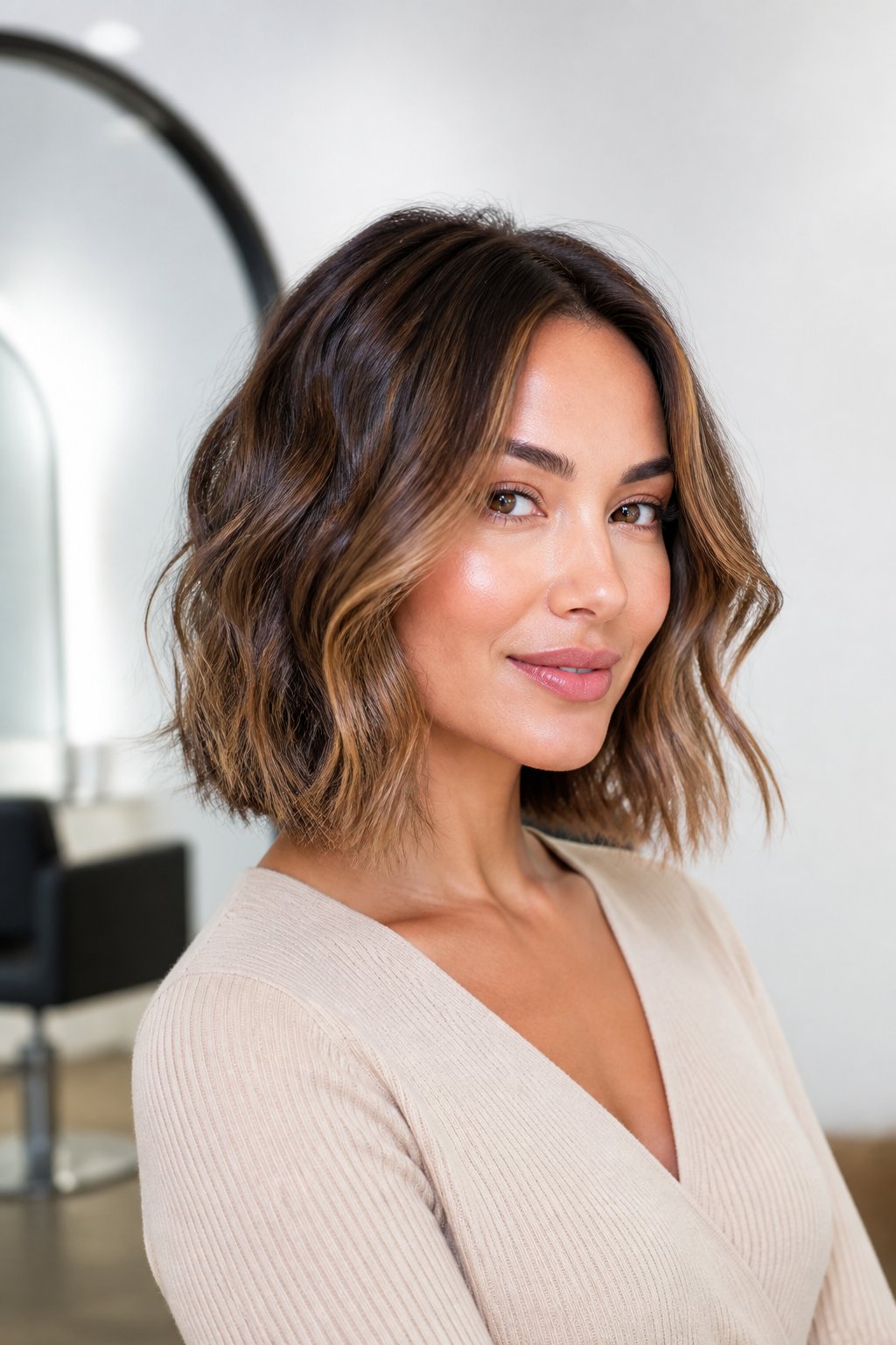 Woman wearing a softly waved long bob with dimensional brown highlights.