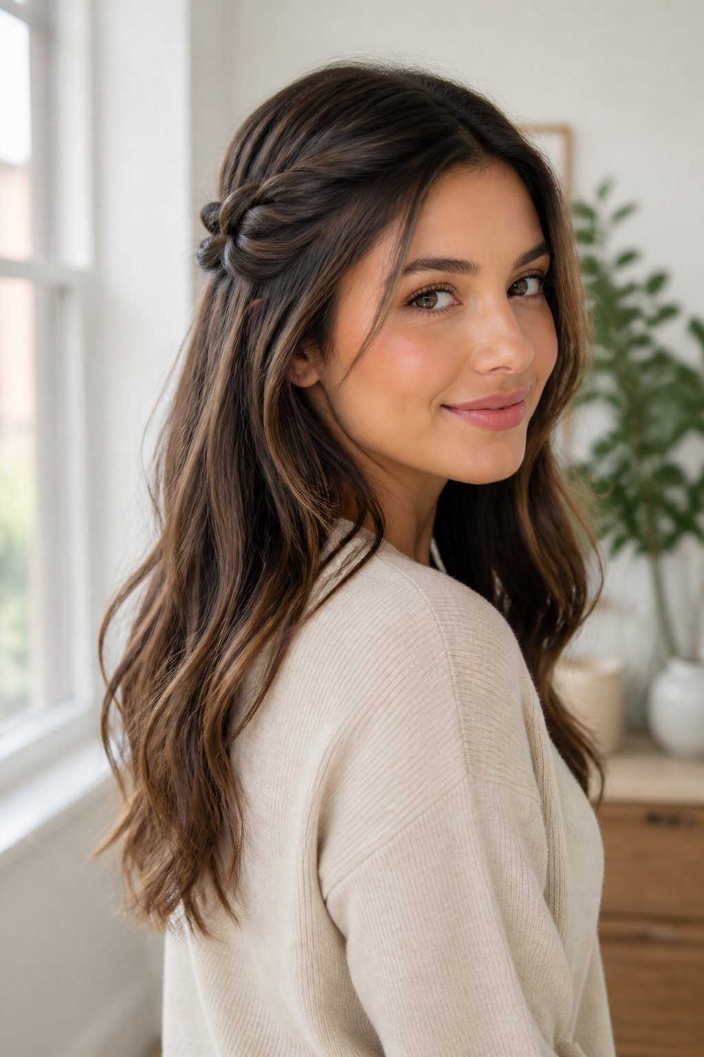 Woman wearing a subtle half-up braided style with long loose waves.