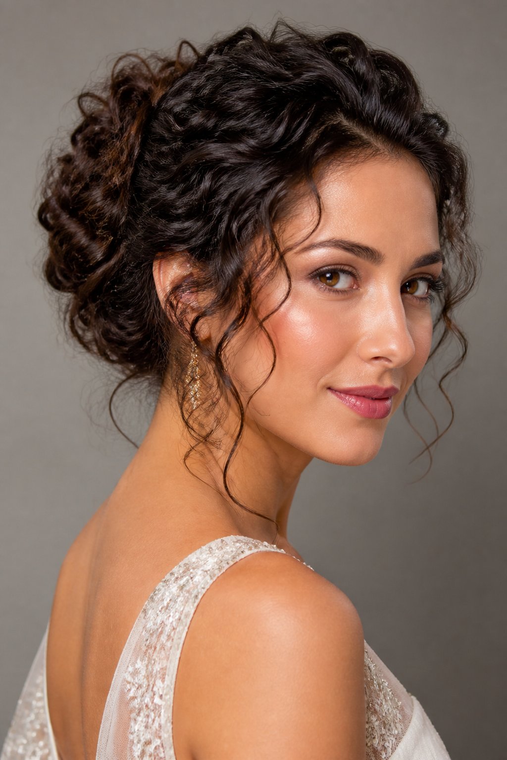 Woman wearing an elegant curly updo with loose face-framing tendrils.