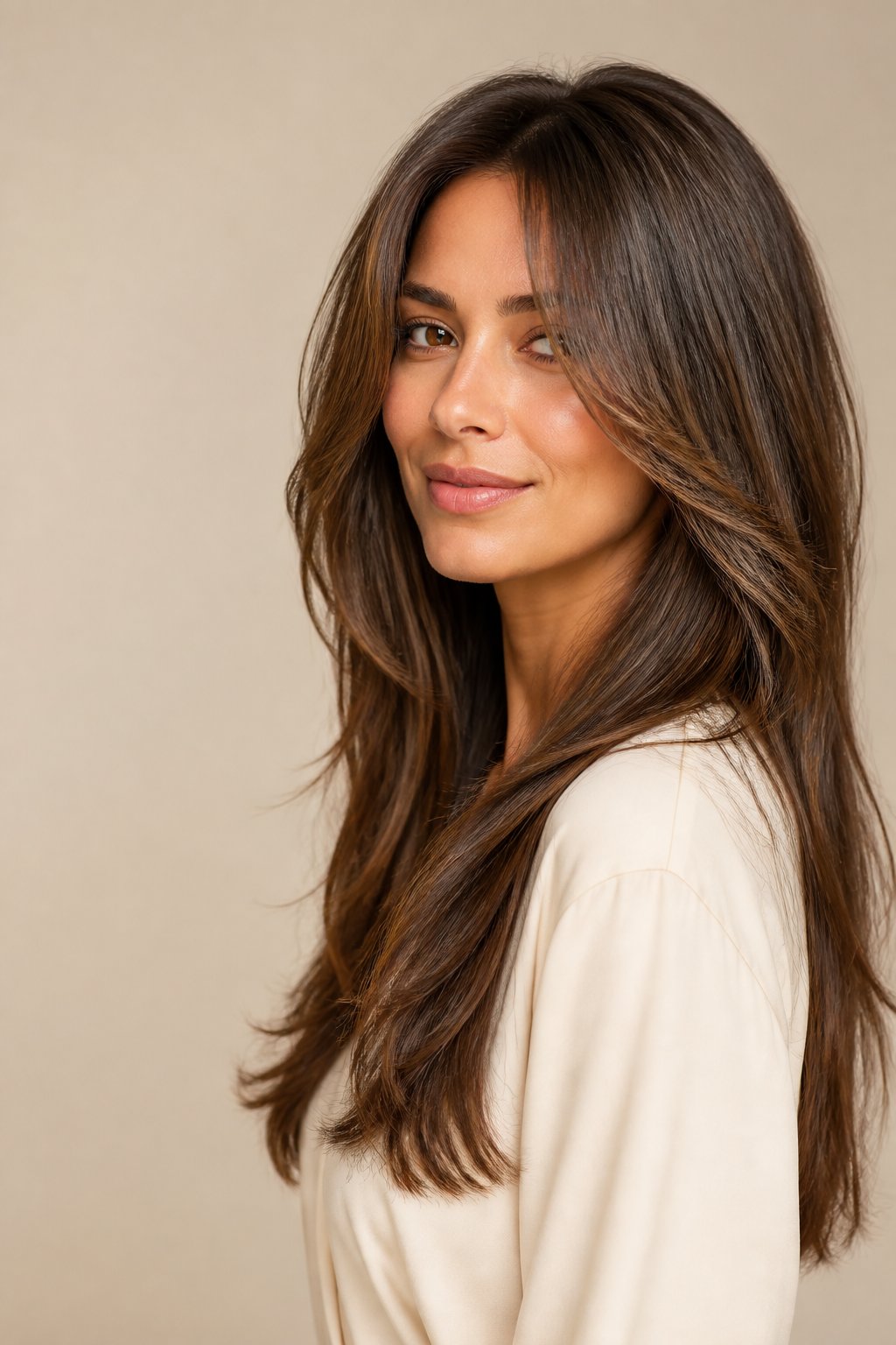 Woman wearing long hair with soft face-framing layers and natural movement.