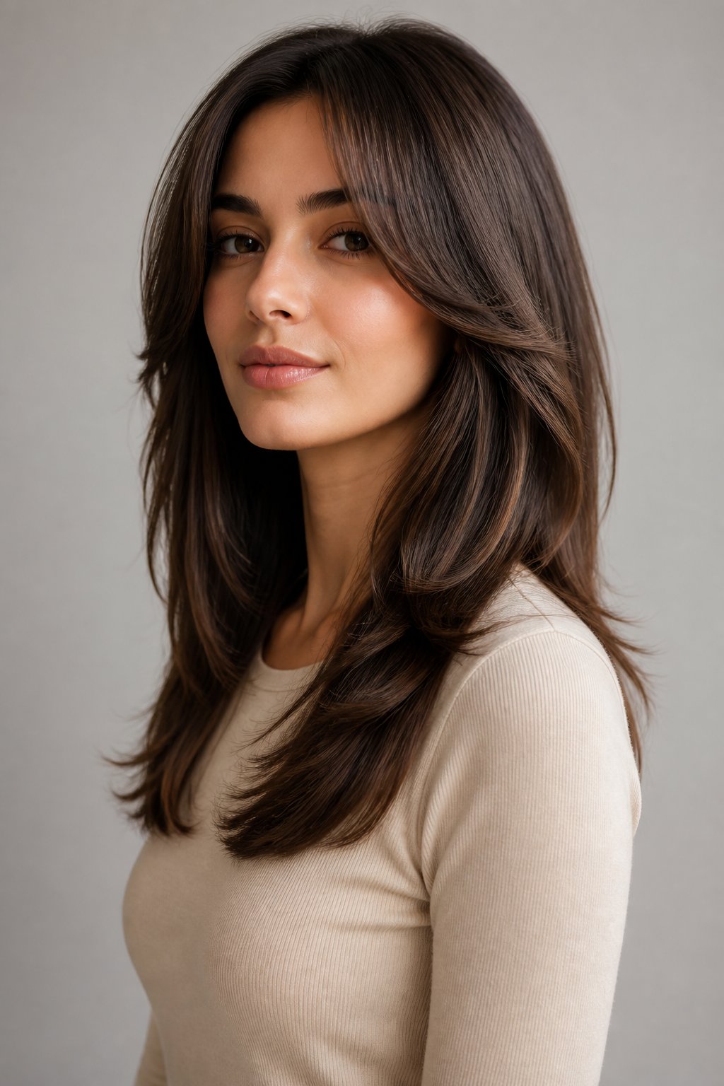 Woman wearing long layered brown hair with smooth movement and volume.