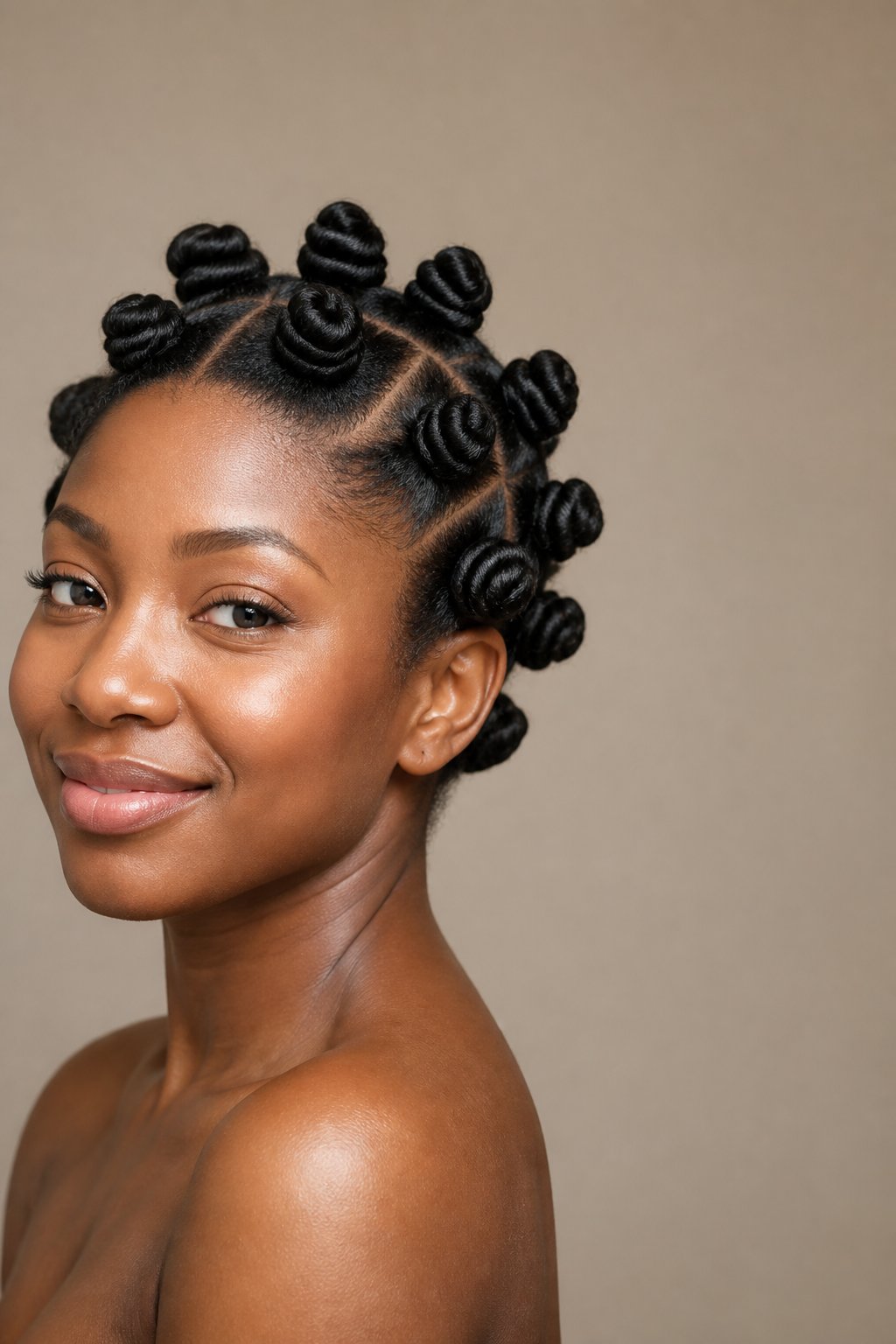 Woman wearing neat Bantu knots arranged across the scalp.