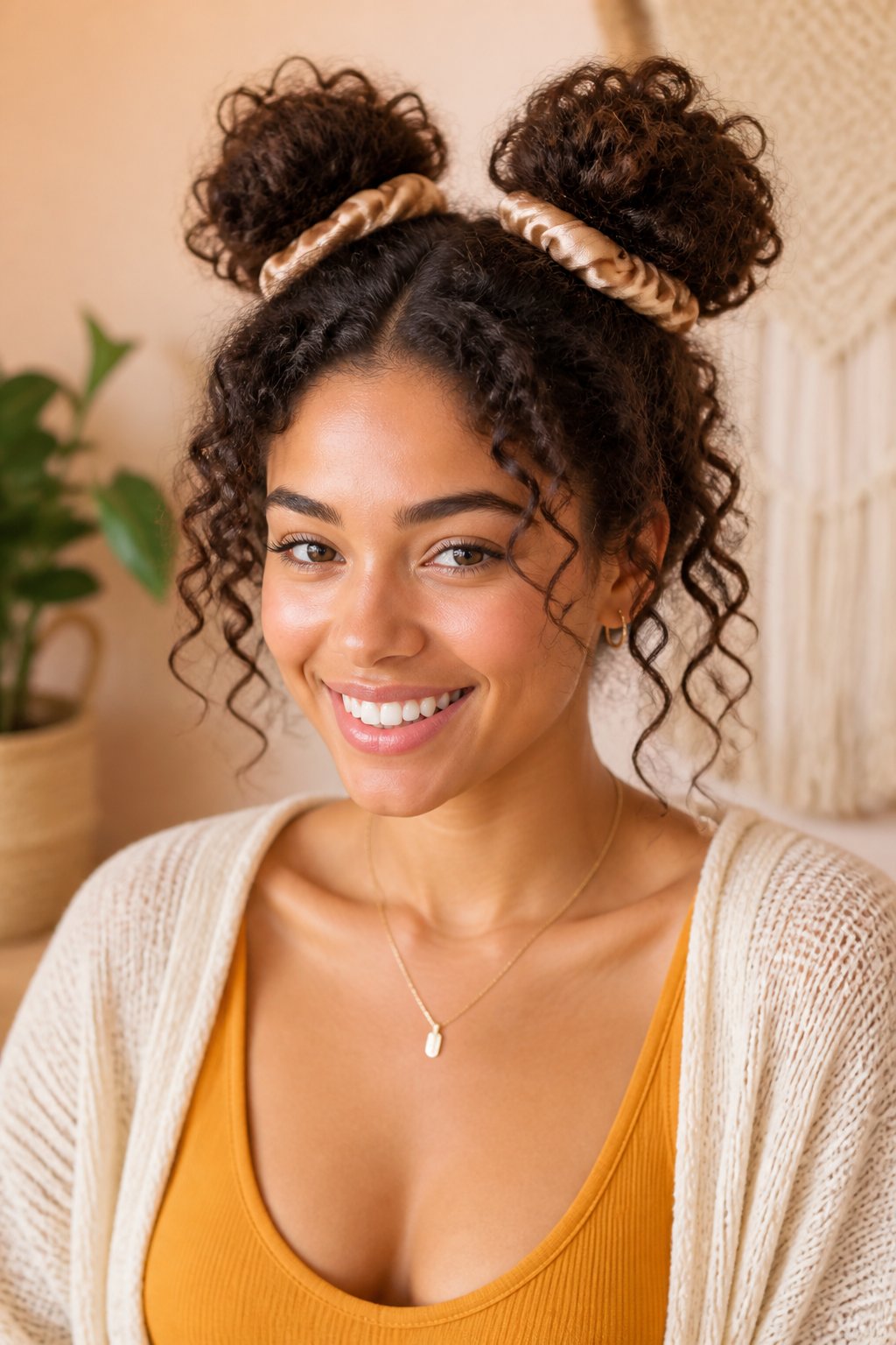 Woman wearing two curly space buns with loose tendrils around her face.