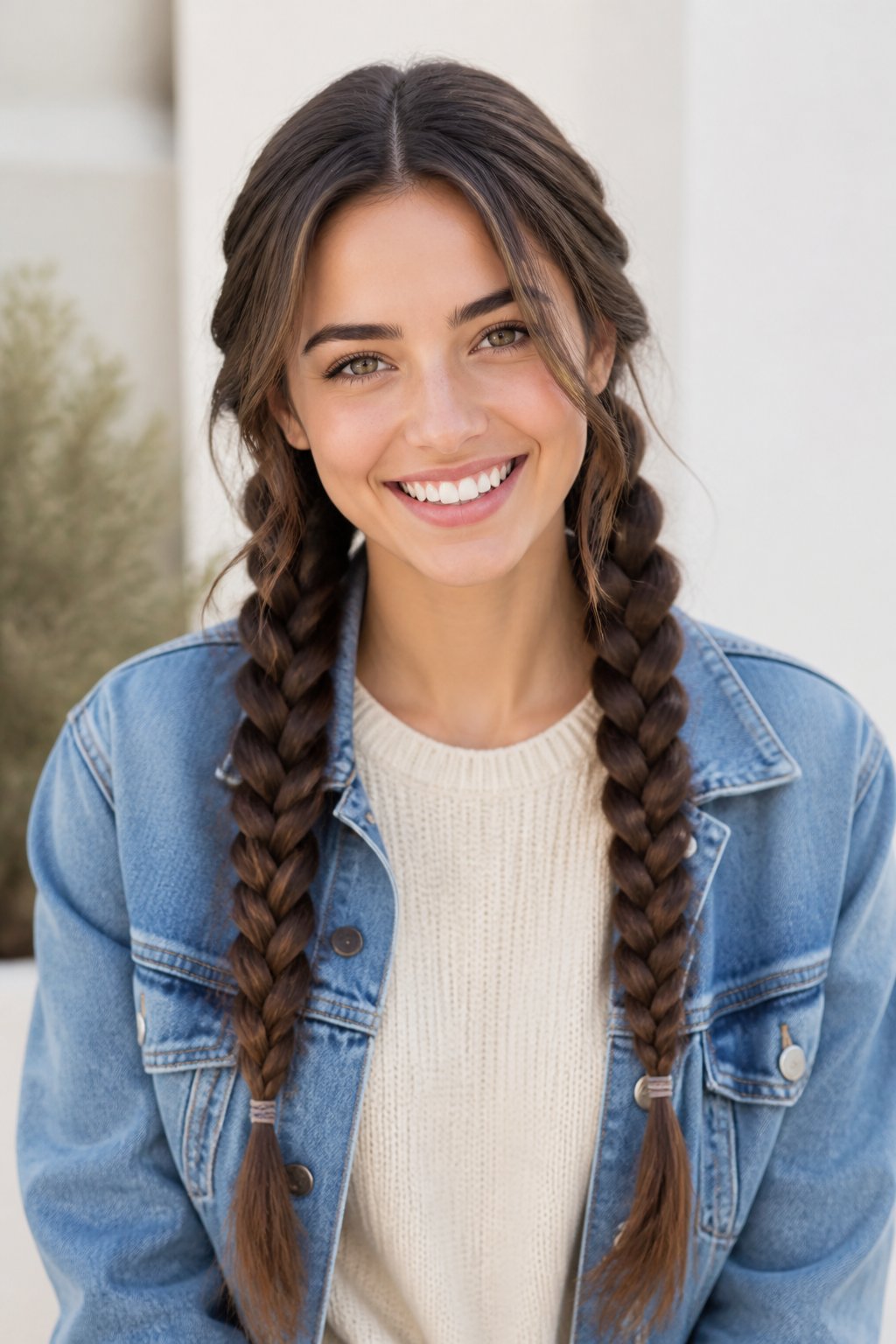 Woman wearing two long symmetrical braids with a soft center part.