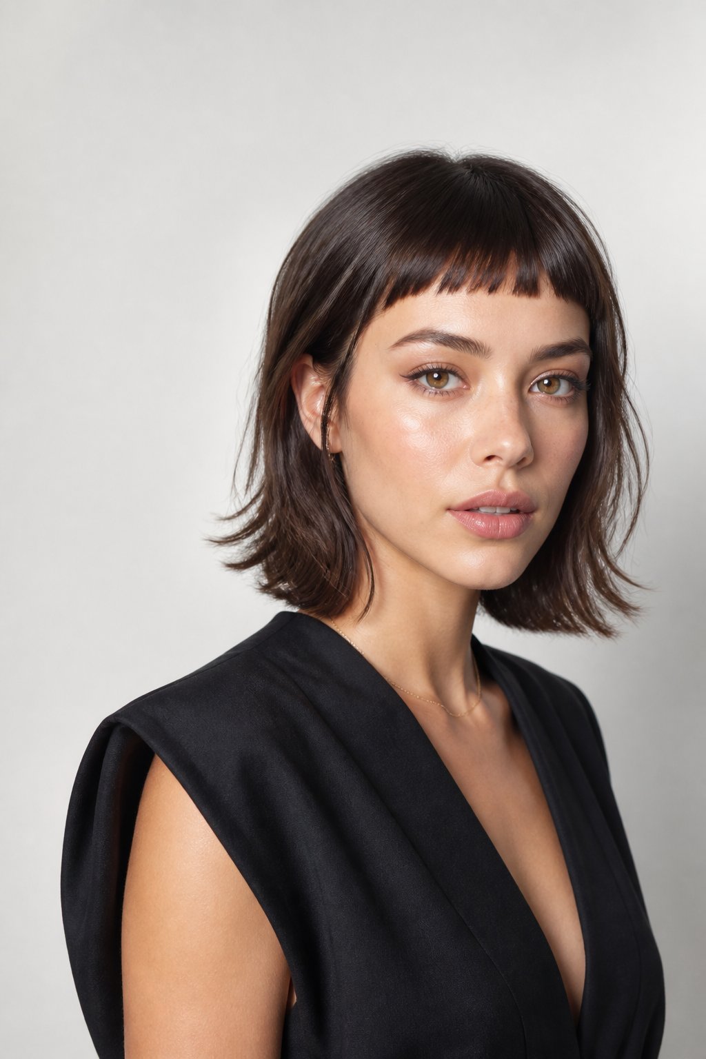 Woman wearing ultra-short micro bangs with a sleek dark bob.