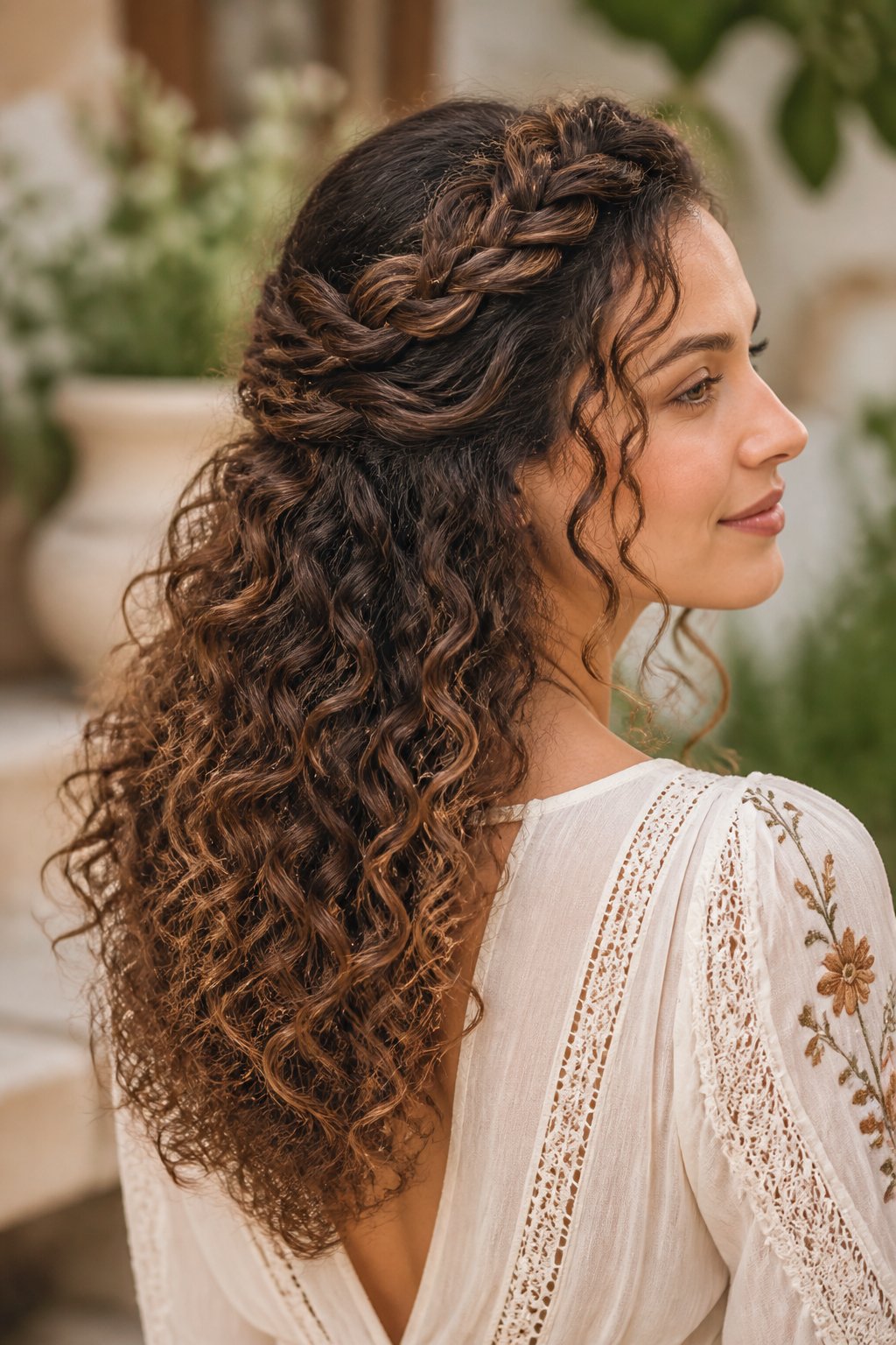Woman with a braided crown and long loose curls flowing down her back.