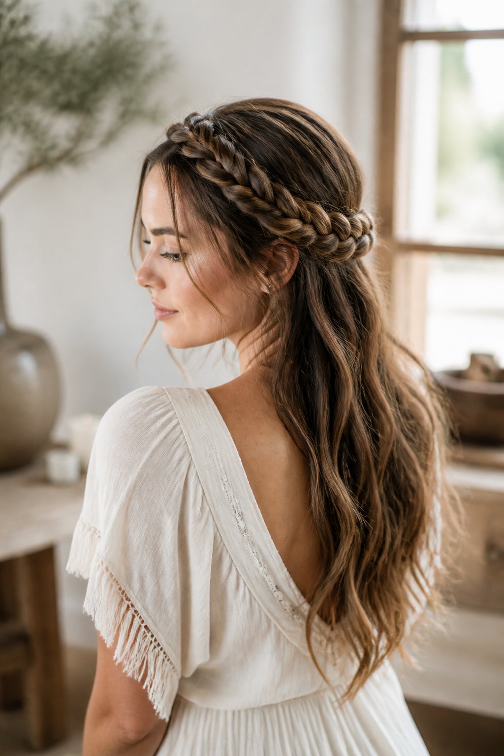 Woman with a braided crown and long loose waves flowing down her back.