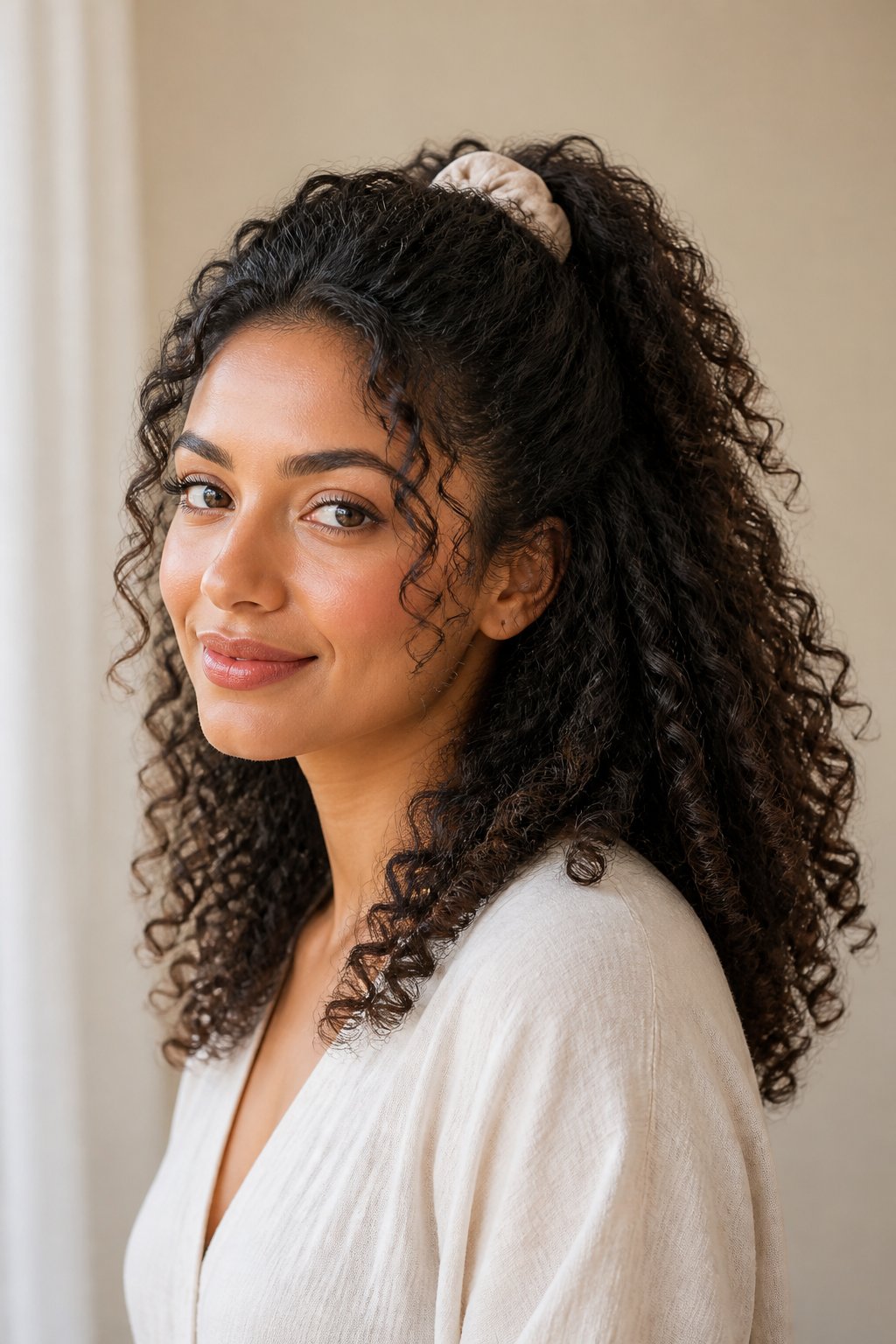 Woman with a half-up curly hairstyle and loose curls flowing below.