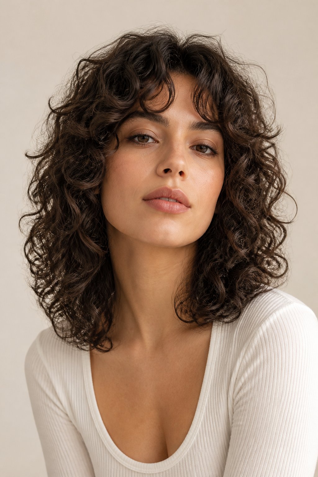 Woman with a medium-length curly shag featuring choppy layers and bangs.
