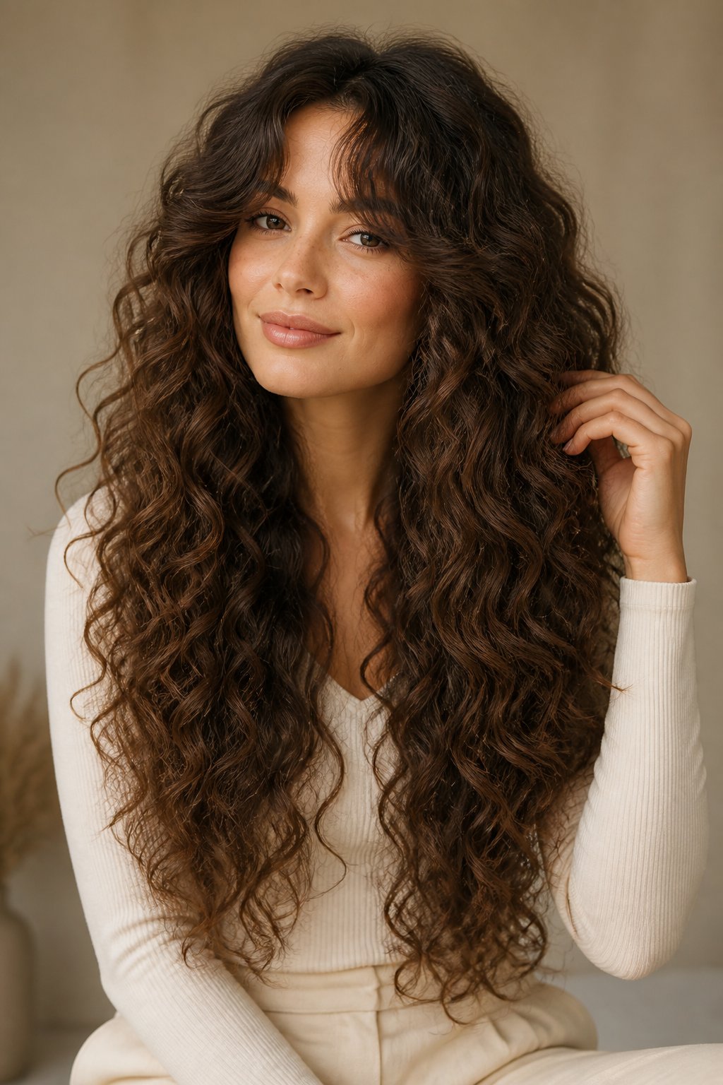 Woman with long layered brown curls and soft face-framing movement.