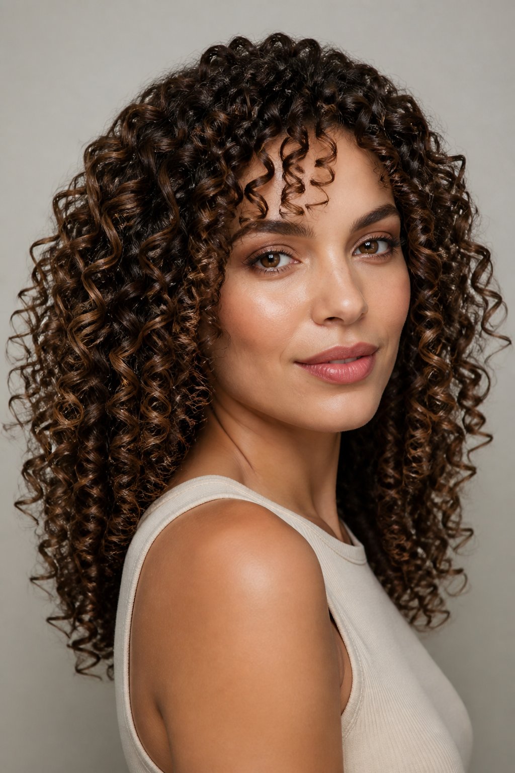 Woman with long, tight, well-defined brown ringlets and natural volume.